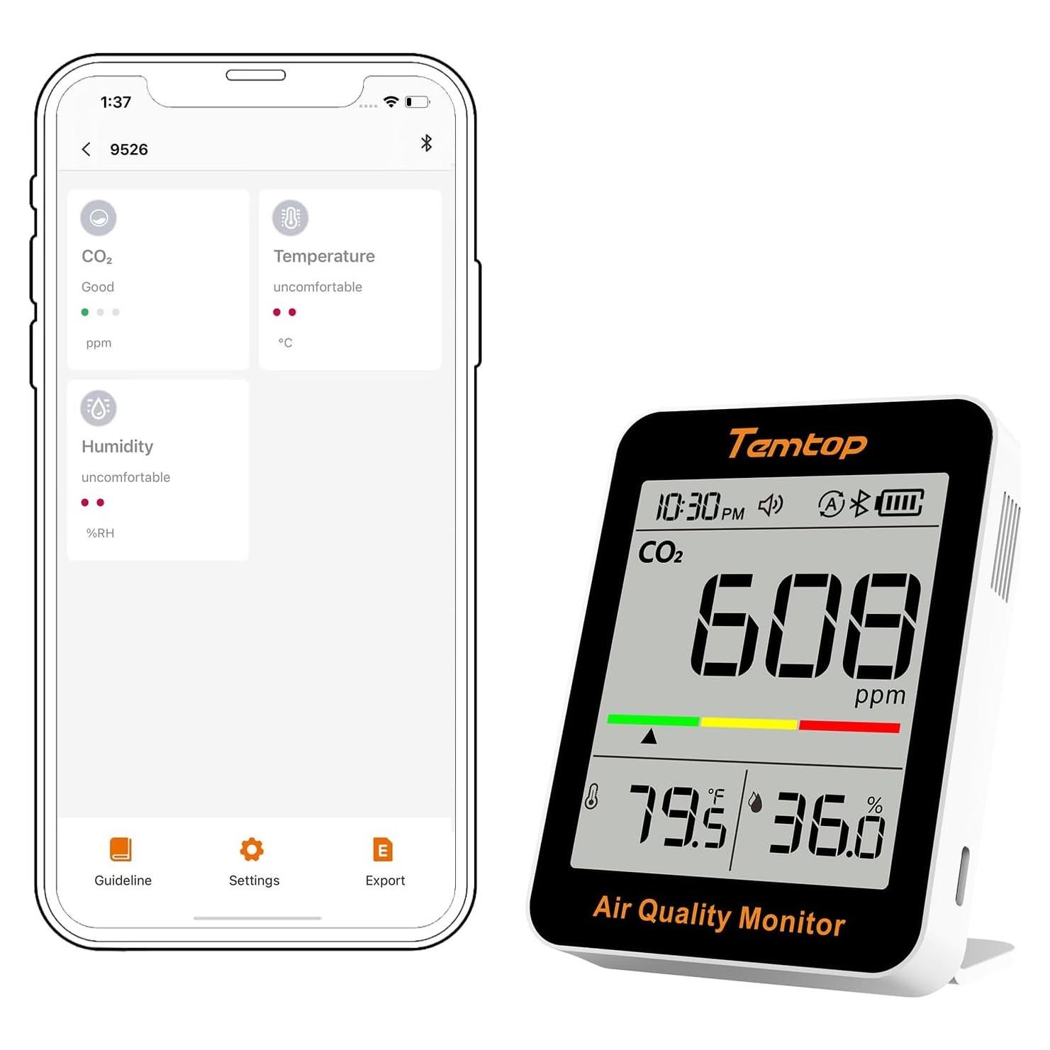 Temtop Monitor de CO2 Portátil con Pantalla LCD y App BLE