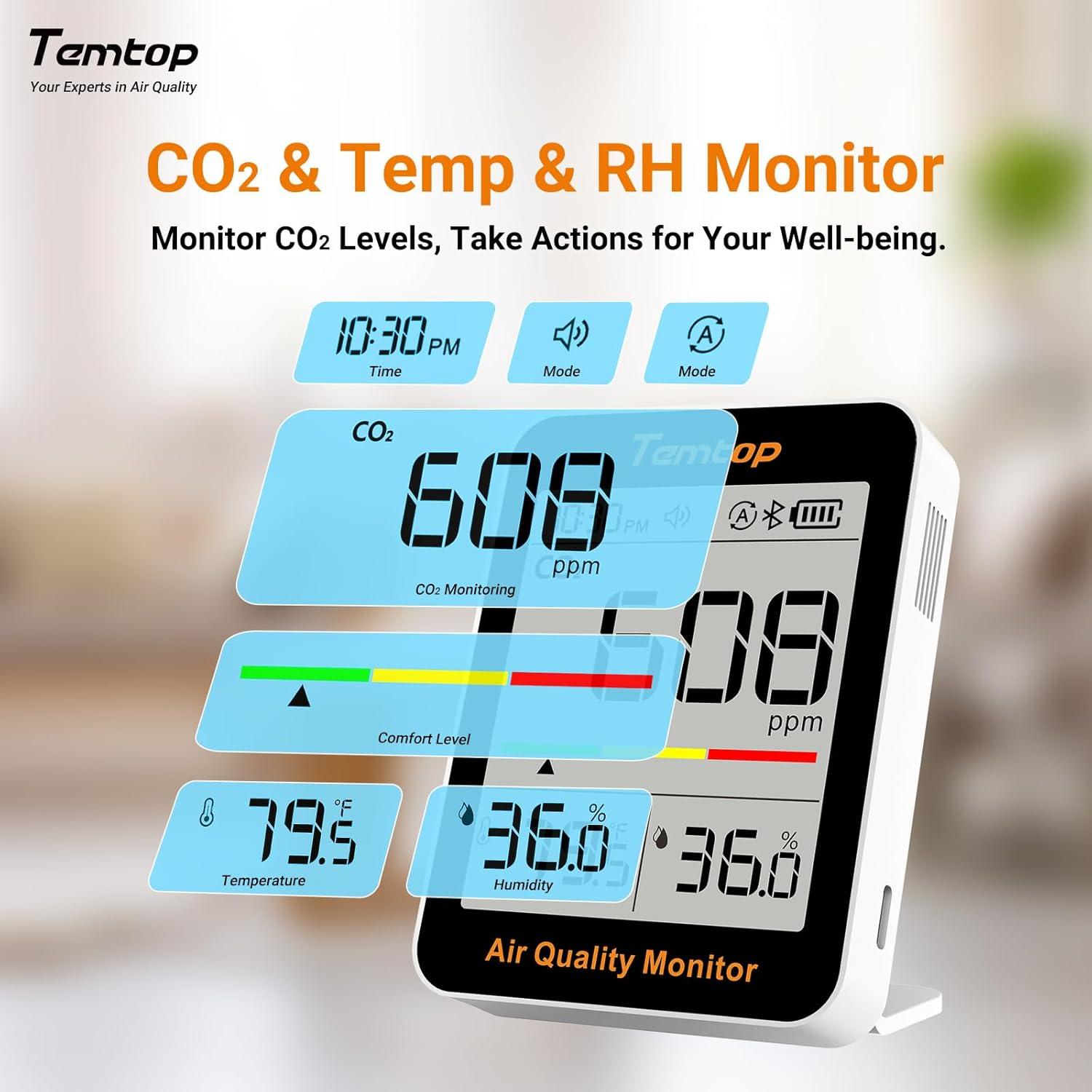 Temtop Monitor de CO2 Portátil con Pantalla LCD y App BLE