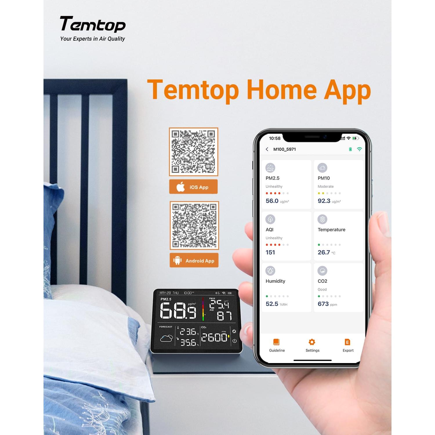 Monitor de Calidad del Aire Temtop M100-US 8-en-1 CO2 PM2.5