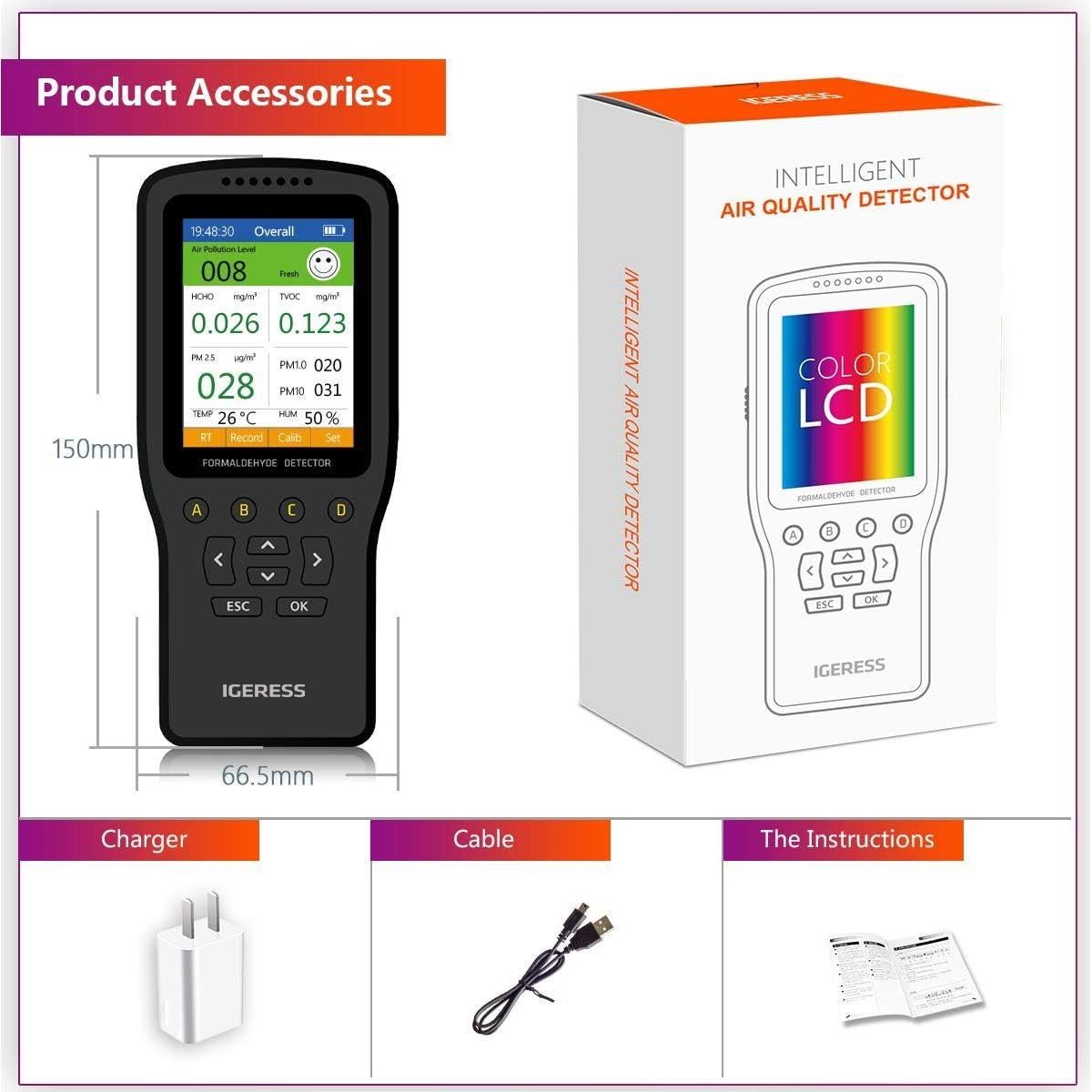 Monitor de Calidad del Aire IGERESS WP6930S - HCHO, PM2.5, Temp y Humedad