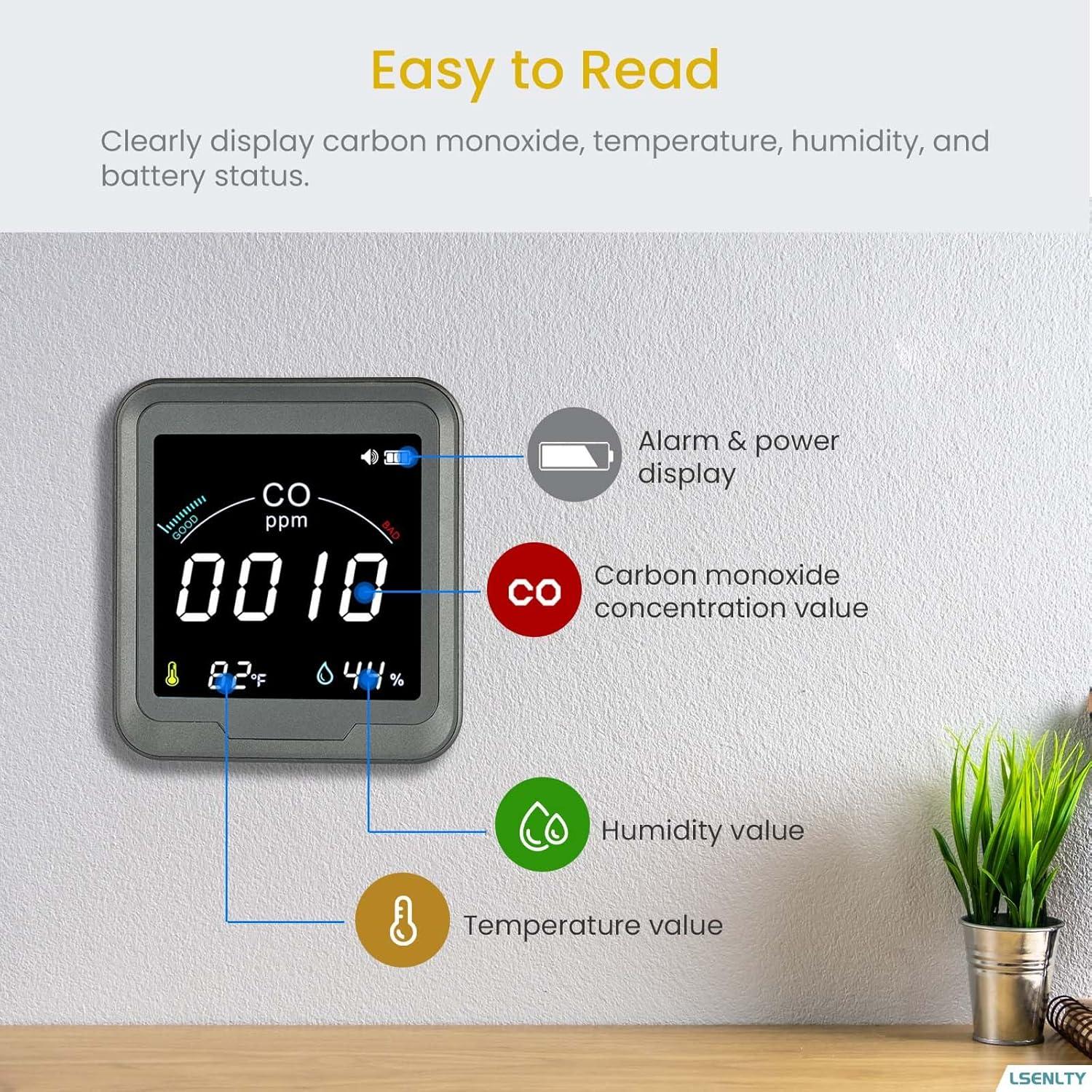 Detector de Monóxido de Carbono LSENLTY 3 en 1 con Pantalla LCD