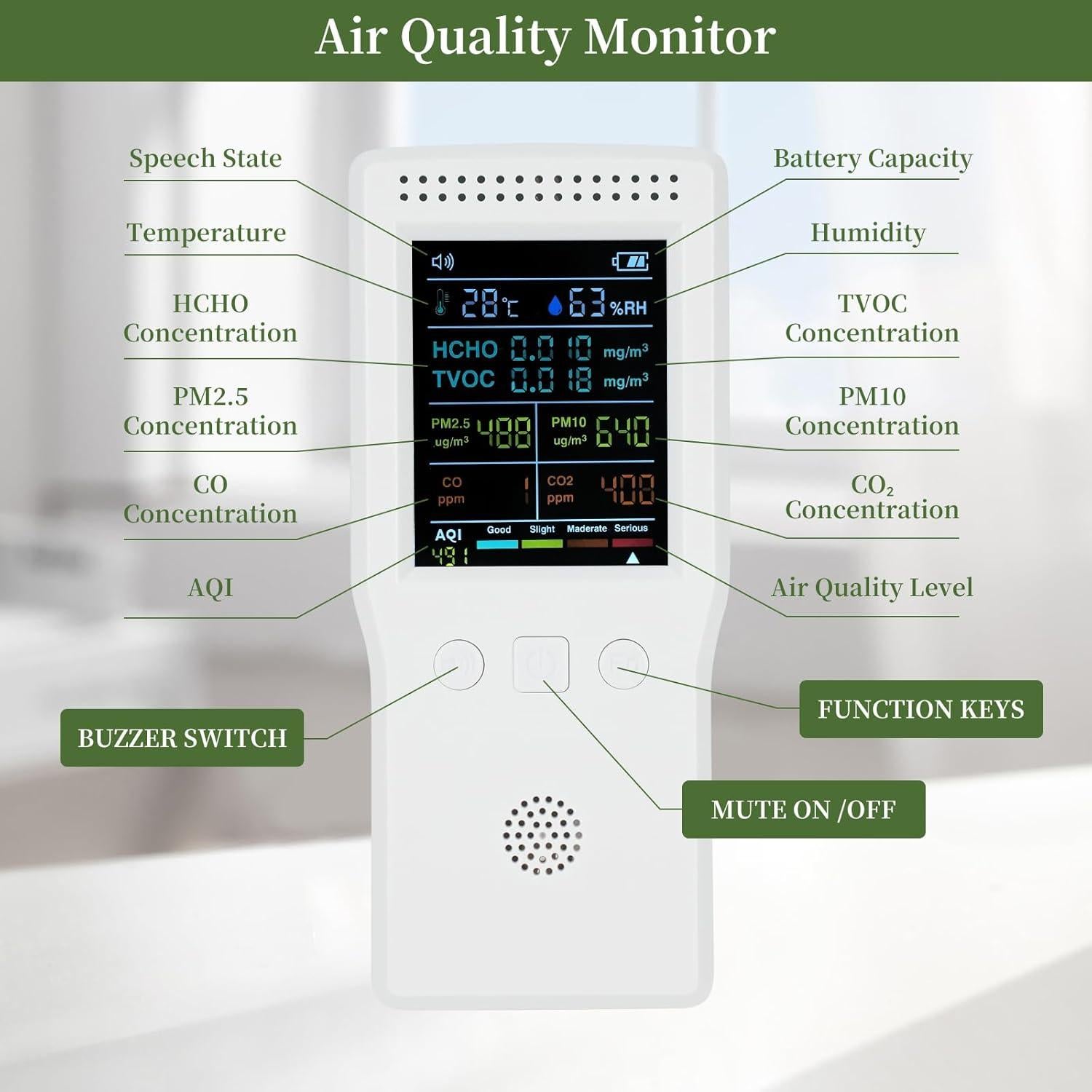 Monitor de Calidad del Aire 9-en-1 TROMAR con Sensor de CO2 y PM2.5