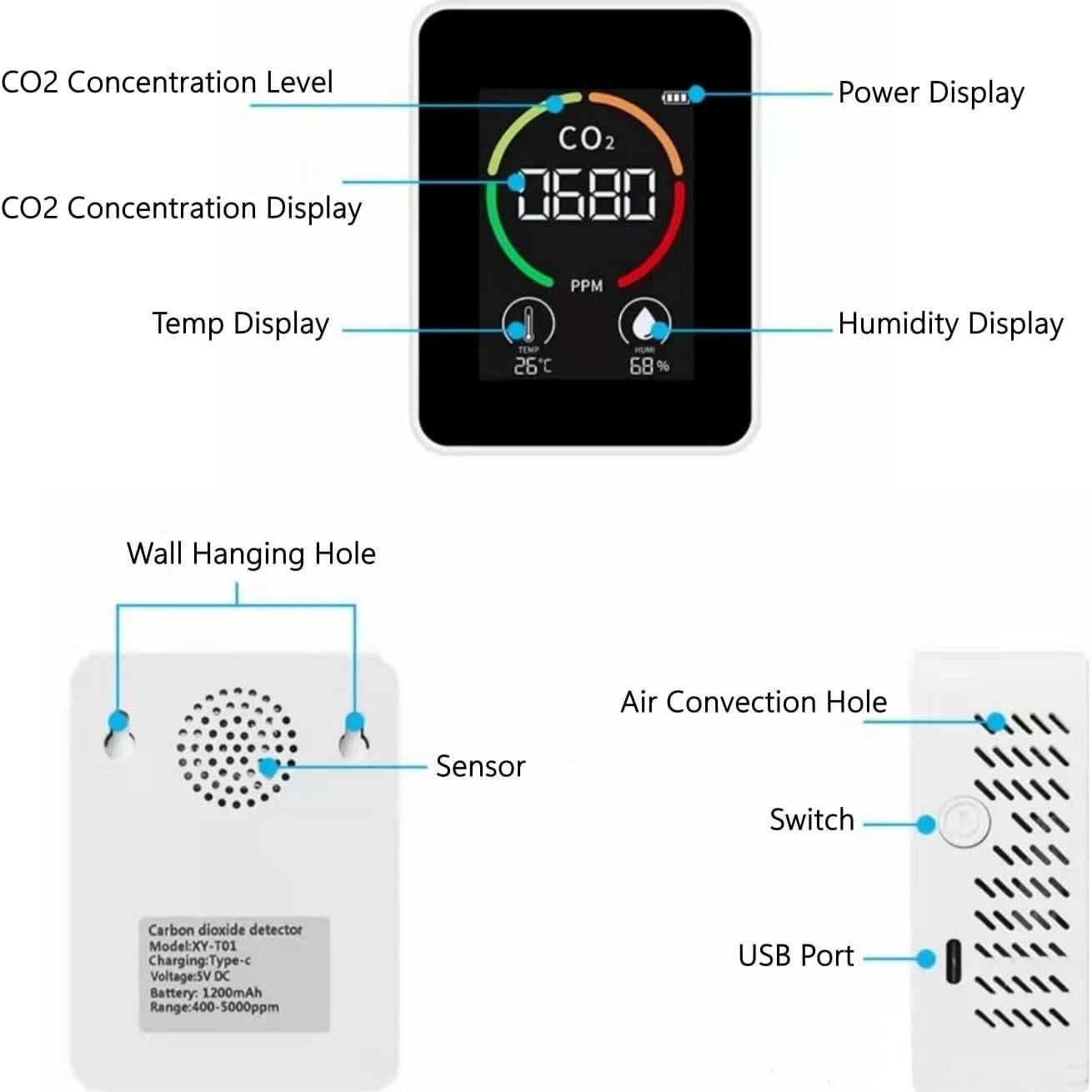 Detector de CO2 KATZEIST 3 en 1, Monitor de Calidad del Aire