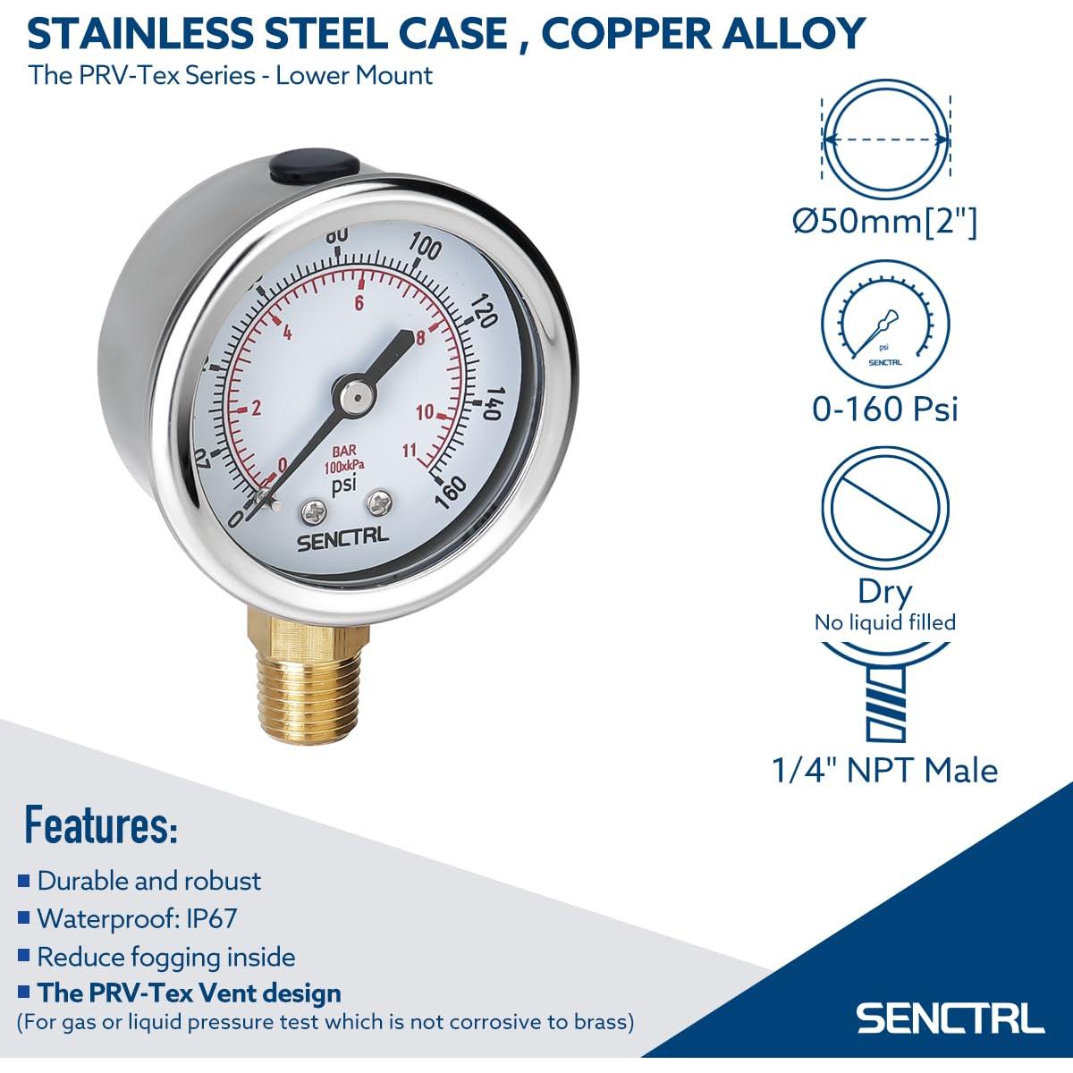 Manómetro 0-11 Bar SENCTRL, Dial 5 cm, Acero Inoxidable