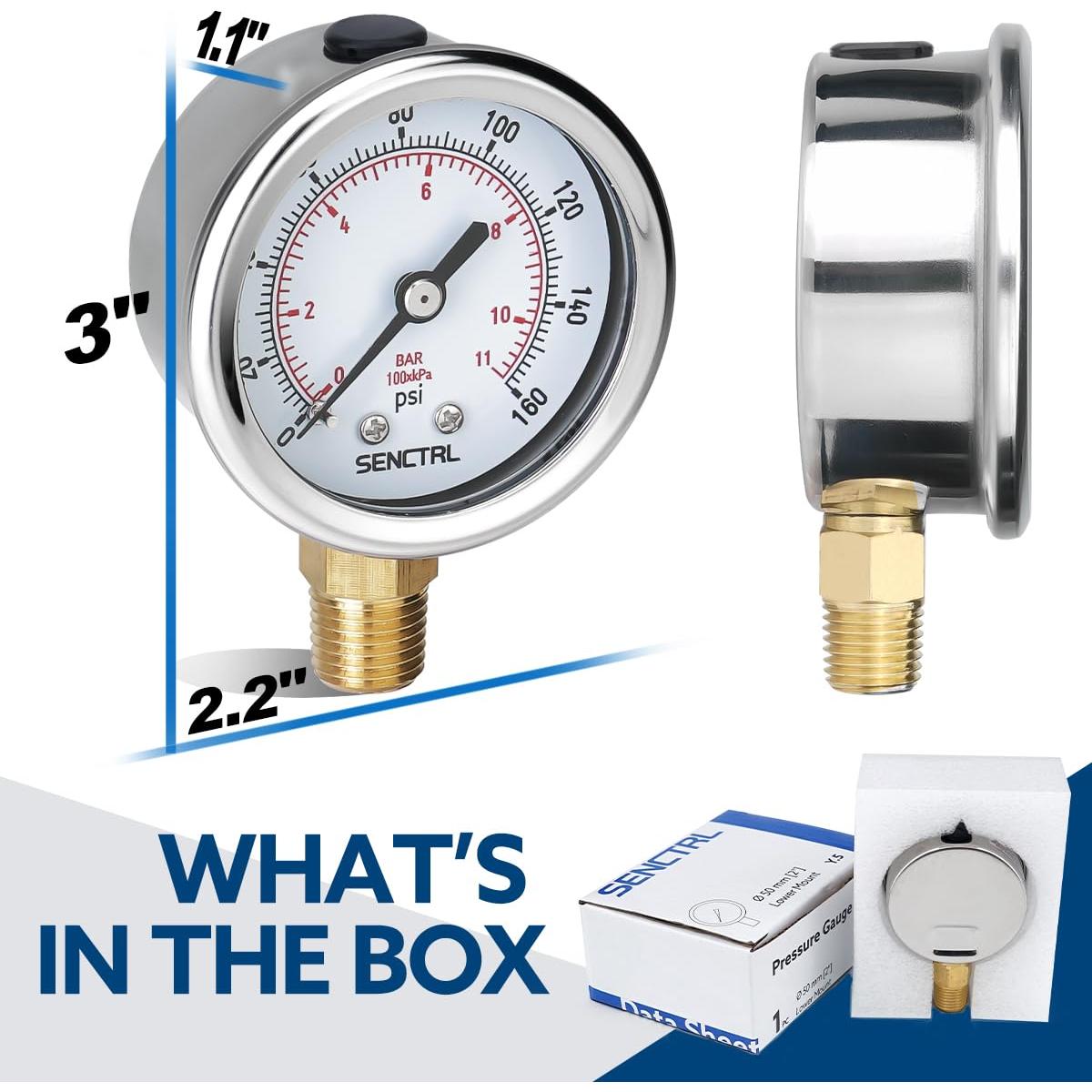 Manómetro 0-11 Bar SENCTRL, Dial 5 cm, Acero Inoxidable