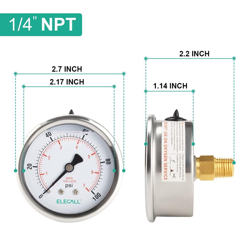 Manómetro de Presión ELECALL 0-100 Psi Acero Inoxidable 2.5"