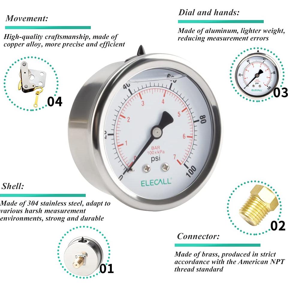 Manómetro de Presión ELECALL 0-100 Psi Acero Inoxidable 2.5"