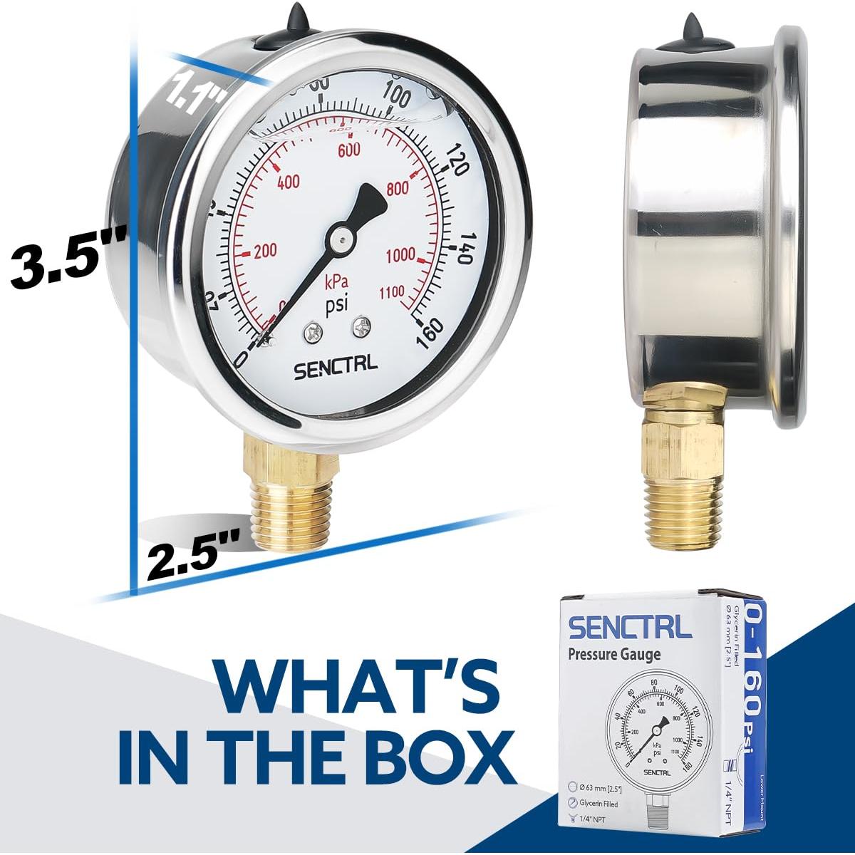 Manómetro de presión SENCTRL 0-160 PSI 6.35 cm acero inoxidable