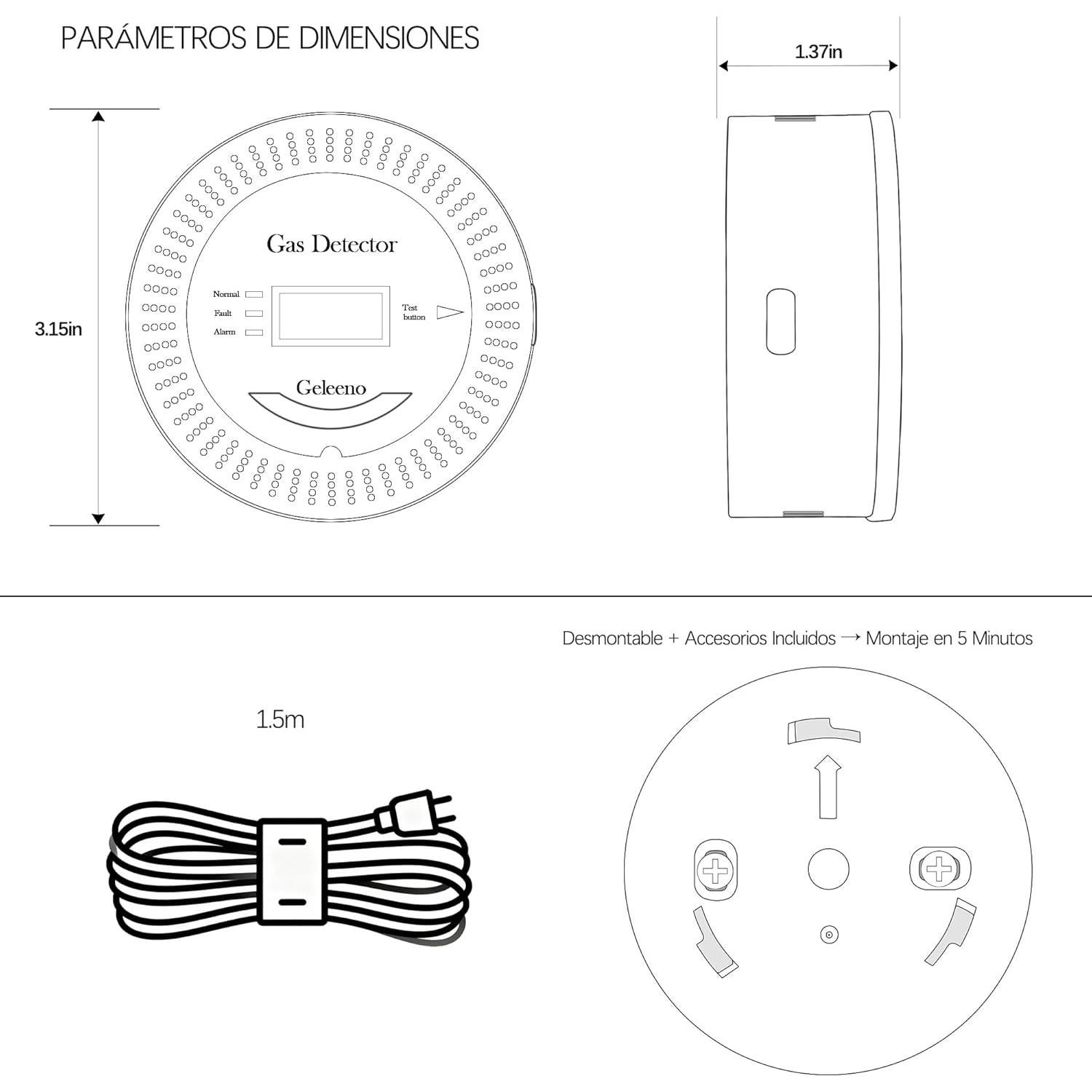 Detector de Fugas de Gas Geleeno GG85W-1 con Alarma 85dB