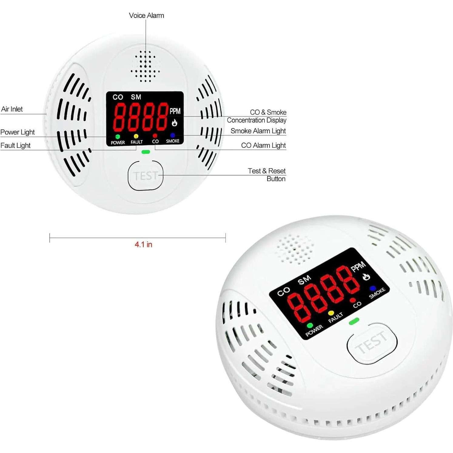 Detector de Humo y Monóxido de Carbono Vzmcov 4Pack con Pantalla LCD
