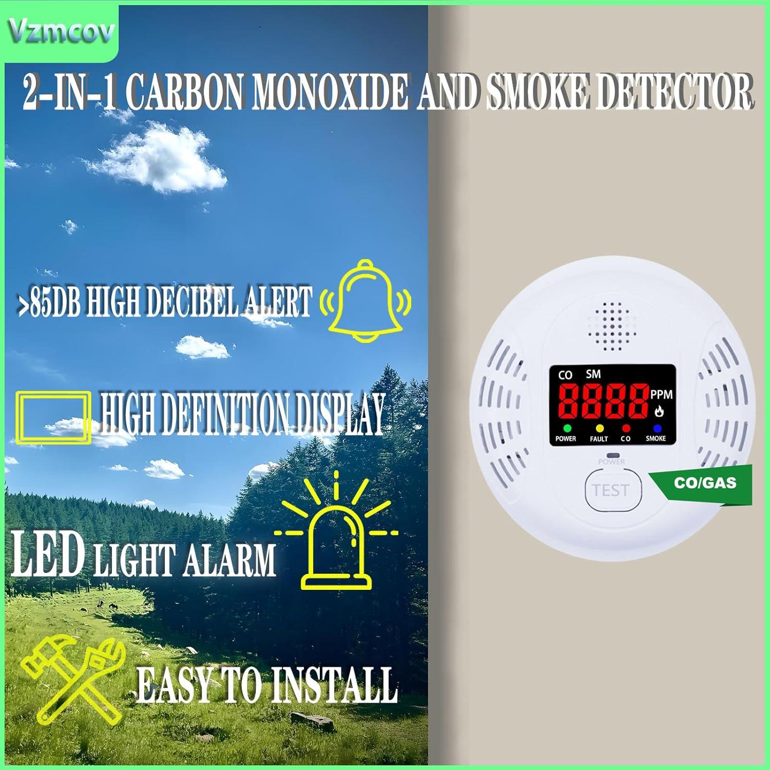 Detector de Humo y Monóxido de Carbono Vzmcov 4Pack con Pantalla LCD