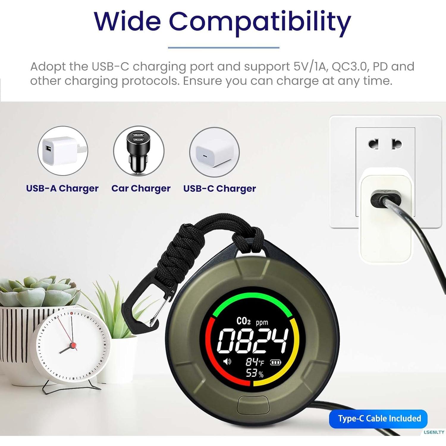 Detector de CO2 Portátil LSENLTY PTH-10C 3 en 1 con Alarma