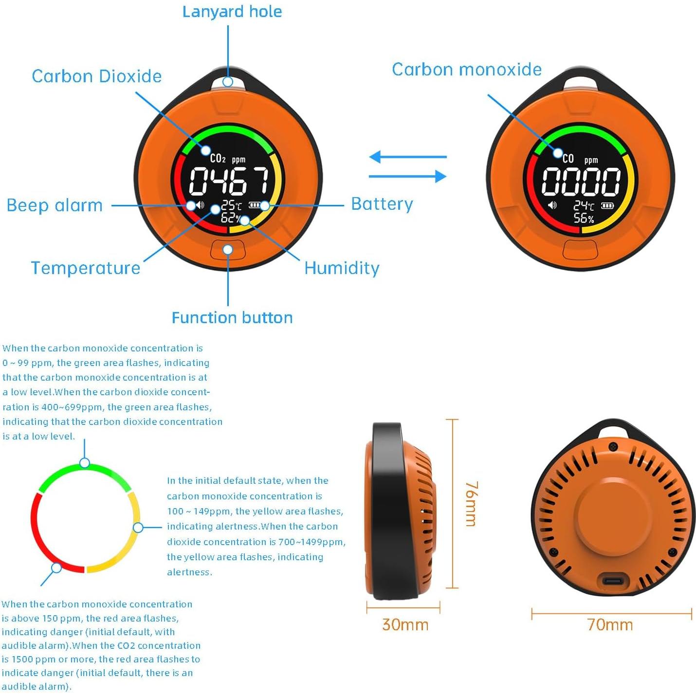Detector de Monóxido de Carbono Protmex PTH-10E 4 en 1 Portátil