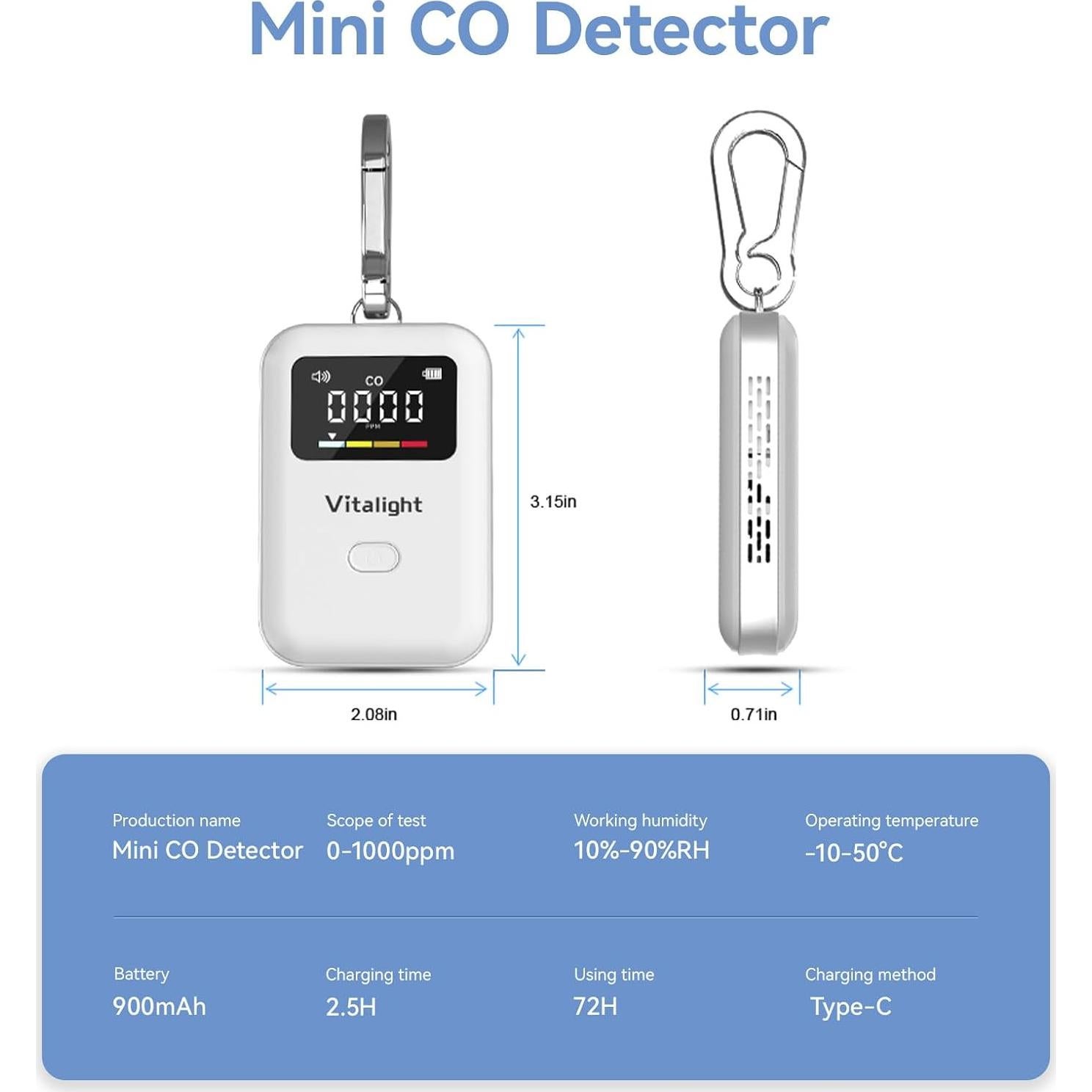 Detector de Monóxido de Carbono Wintall BT07 Portátil 72g
