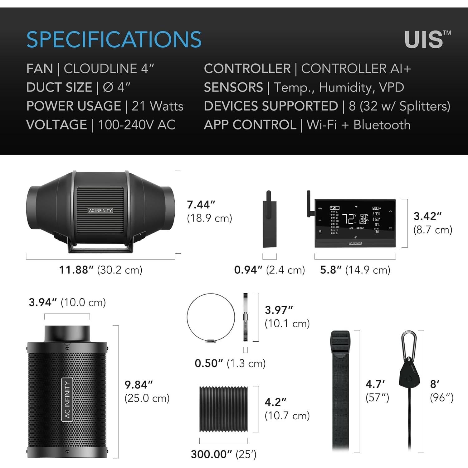 Kit de Filtración de Aire PRO AC Infinity 4" con Control WiFi