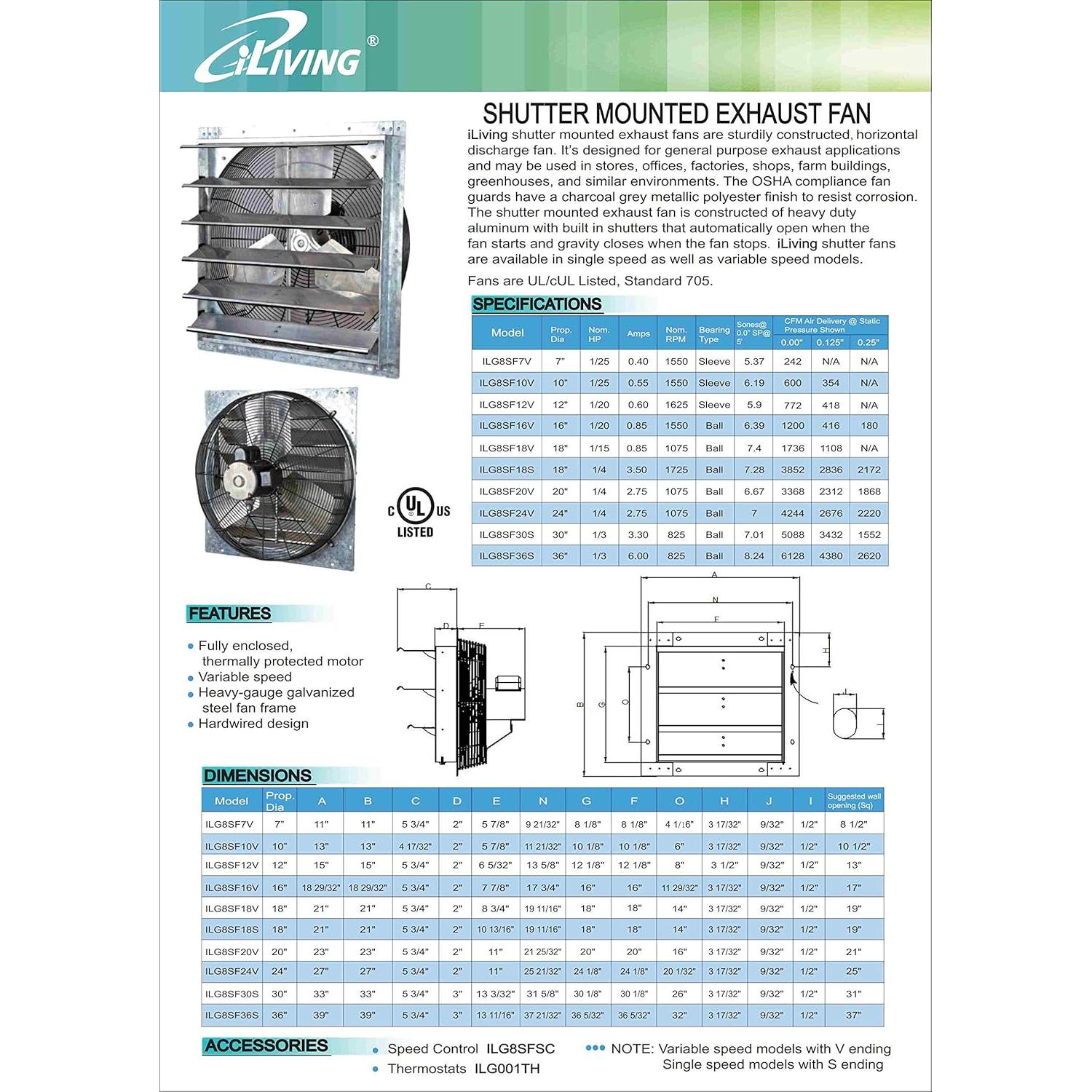Ventilador de Escape iLiving ILG8SF10V 10" con Obturador Automático