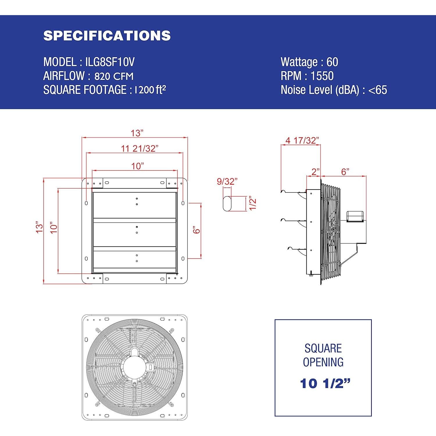 Ventilador de Escape iLiving ILG8SF10V 10" con Obturador Automático