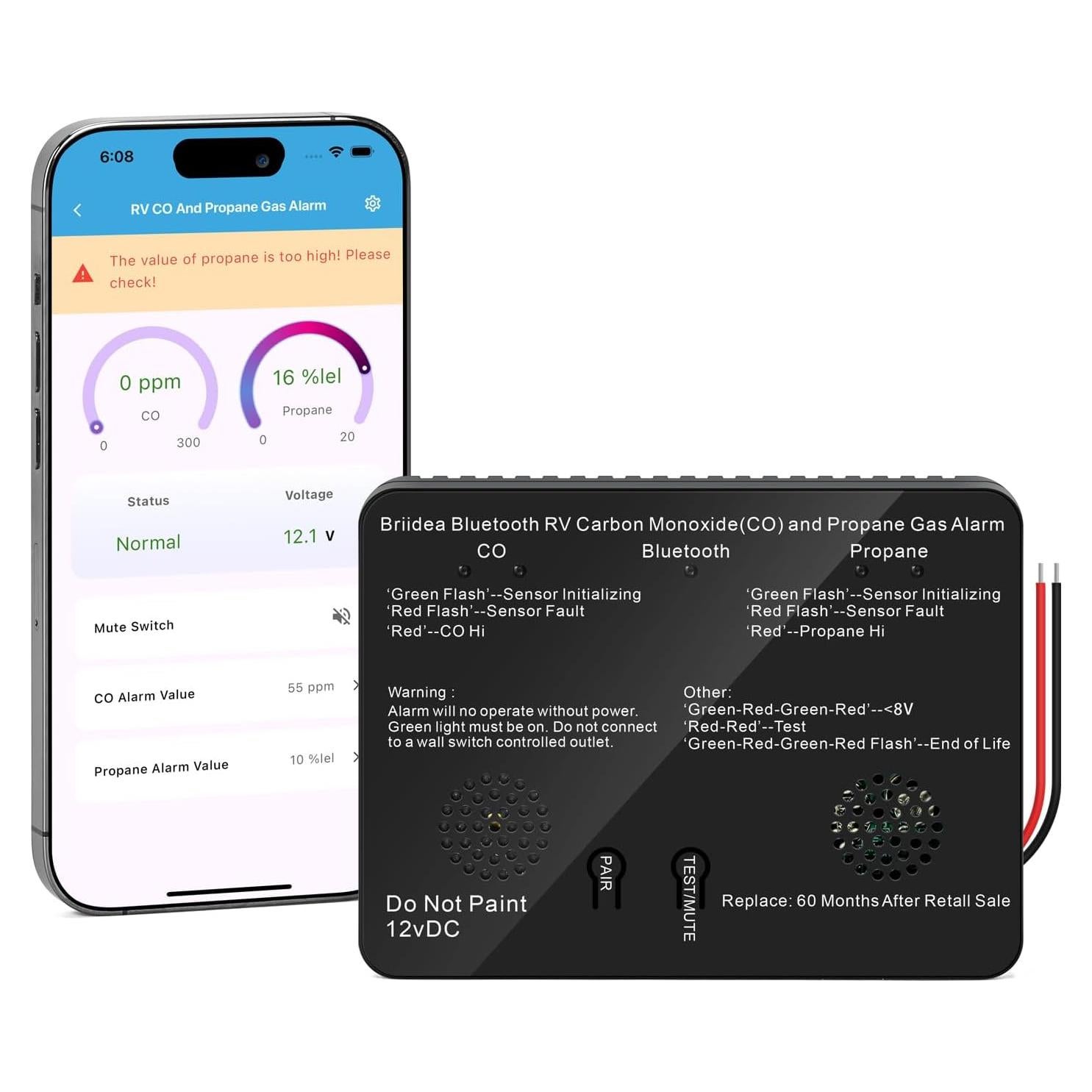 Detector de Monóxido de Carbono y Propano Briidea Bluetooth para RV