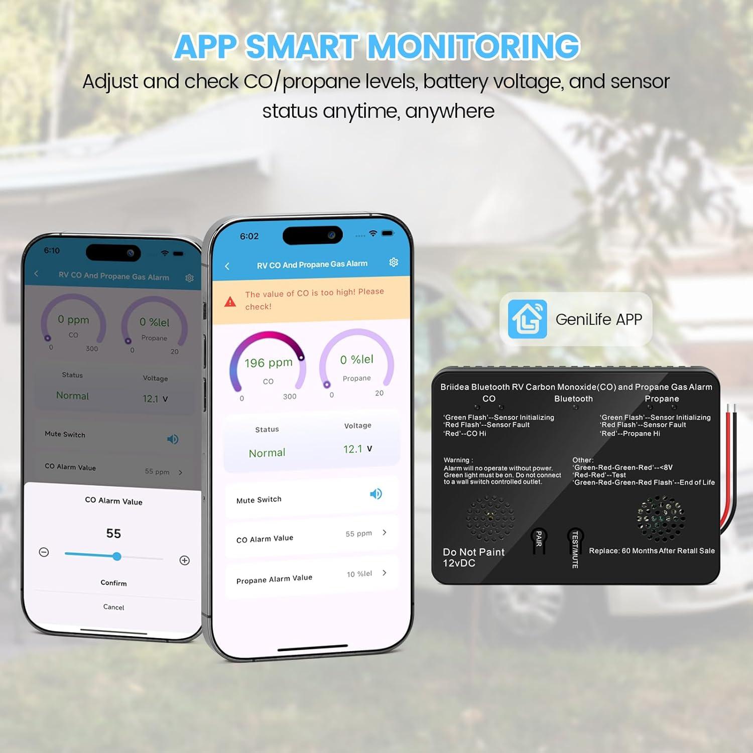 Detector de Monóxido de Carbono y Propano Briidea Bluetooth para RV