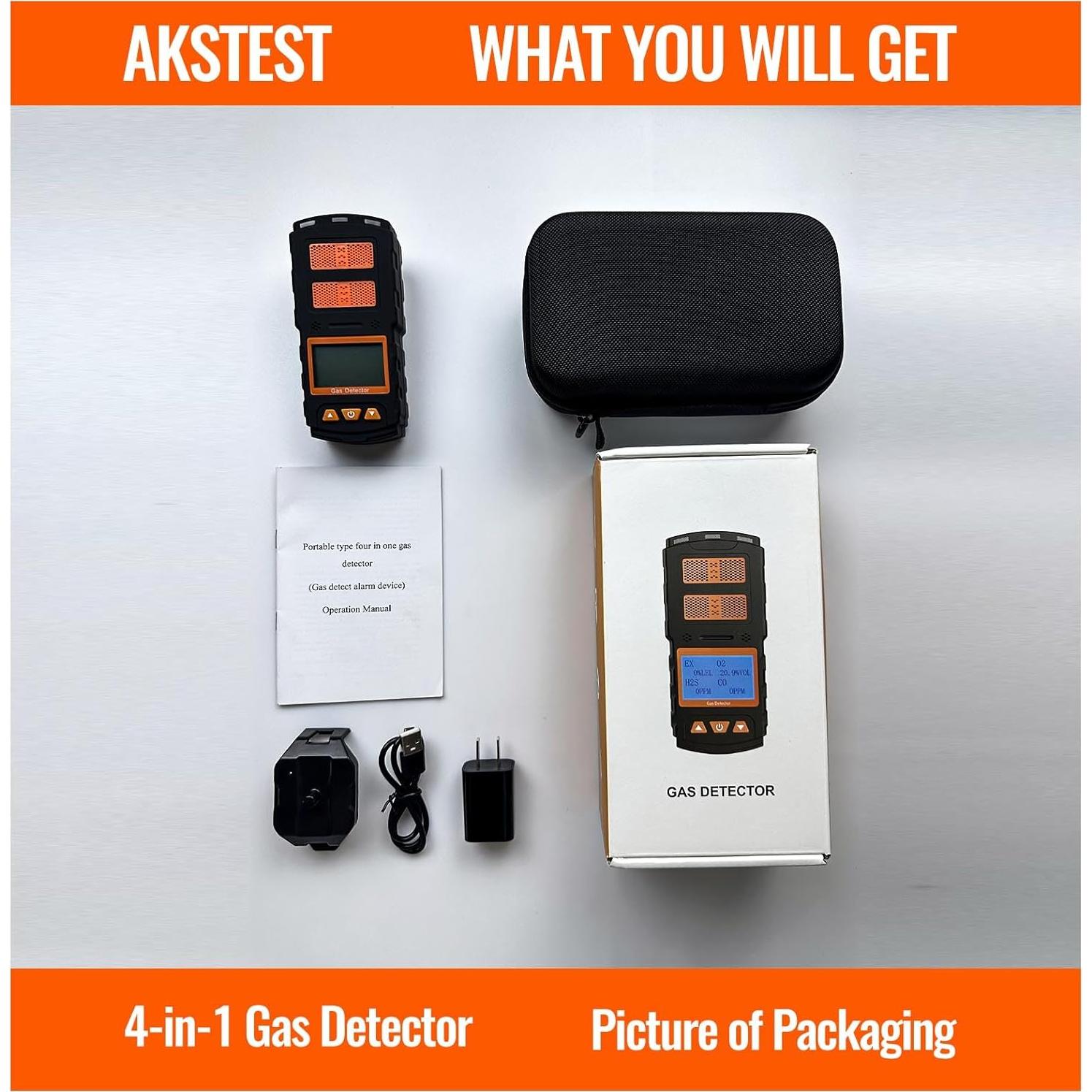 Detector de Gas 4 en 1 AKSTEST H2S CO LEL O2 Recargable