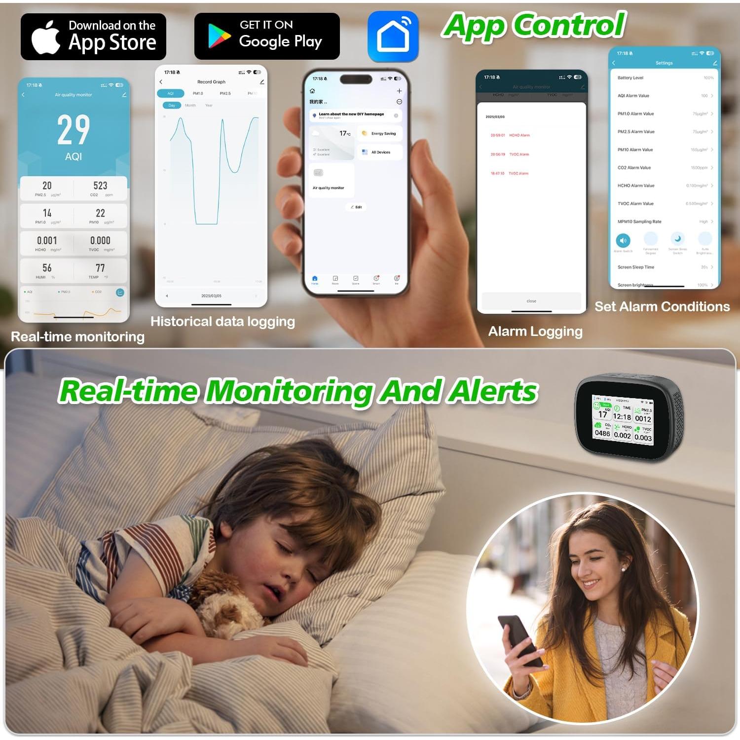Monitor de Calidad del Aire Bcetasy 18-en-1 WiFi - AQI, CO2, PM2.5