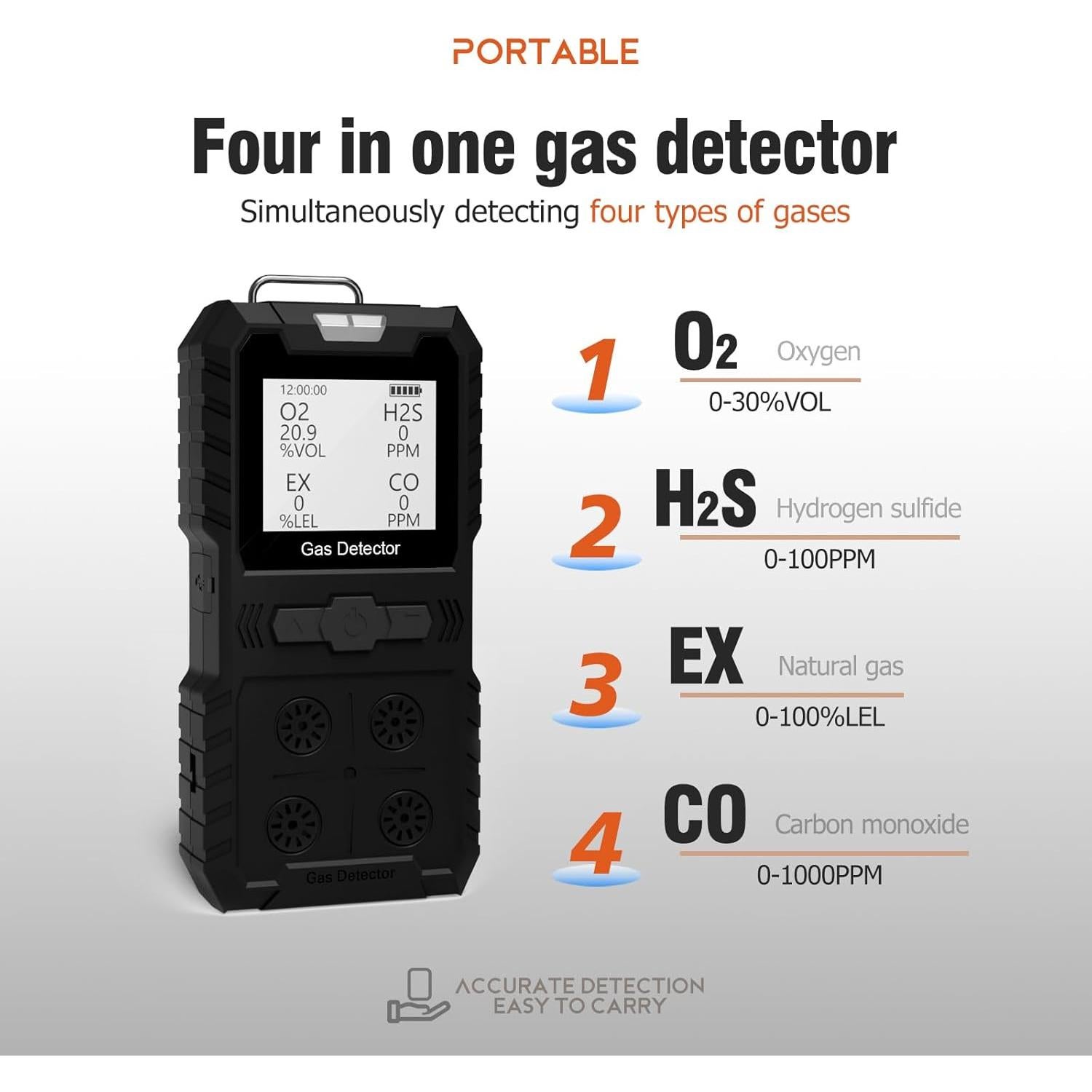 Detector de Gas Portátil HAOKESITE HLT814 - 4 Gases, Impermeable
