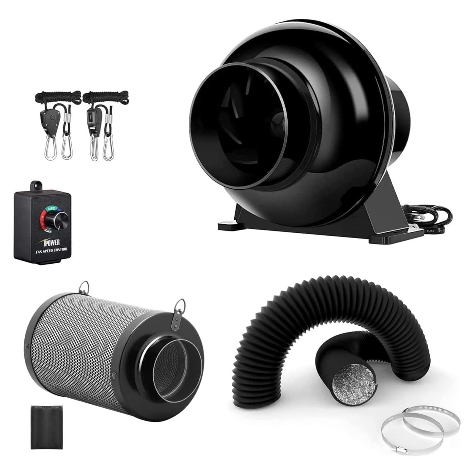 iPower Ventilador Inline 4" 195 CFM + Filtro Carbono + Conducto 2.44m