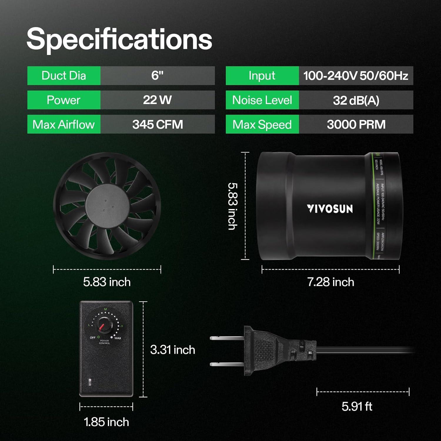 Ventilador de Conducto Aumentador VIVOSUN 6" 345 CFM Silencioso