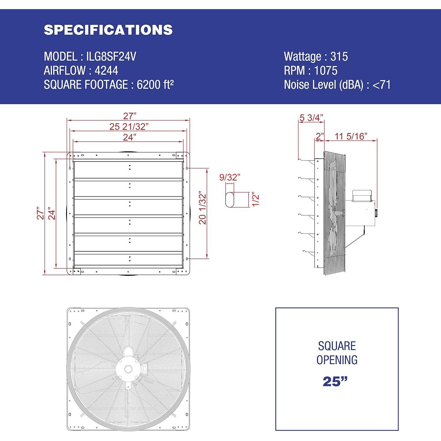 Ventilador de Escape iLiving 24" con Obturador Automático - 4244 CFM