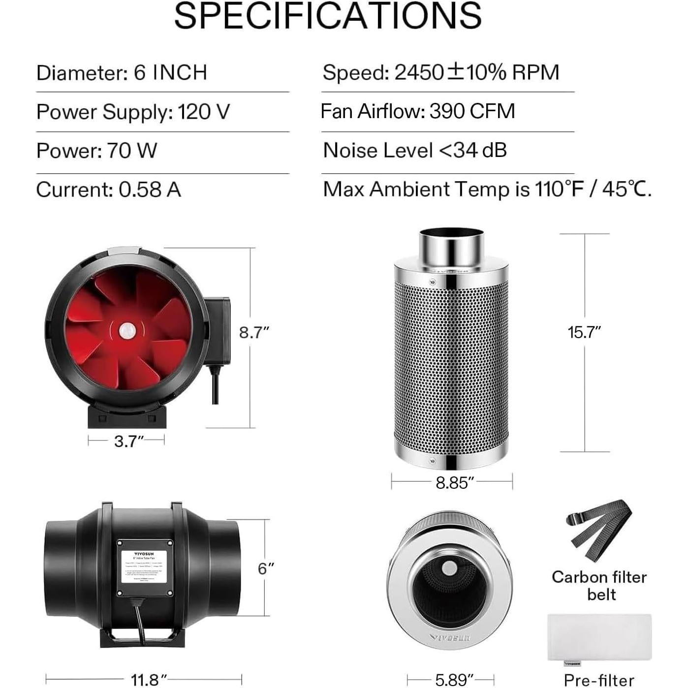 Kit de Ventilación VIVOSUN 6" con Filtro de Carbón 390 CFM