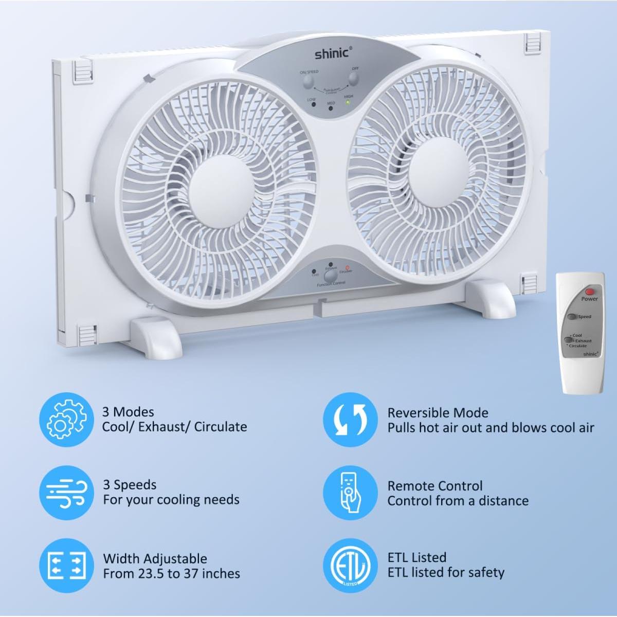Ventilador de Ventana Shinic BP2-9A, 3 Velocidades, Control Remoto