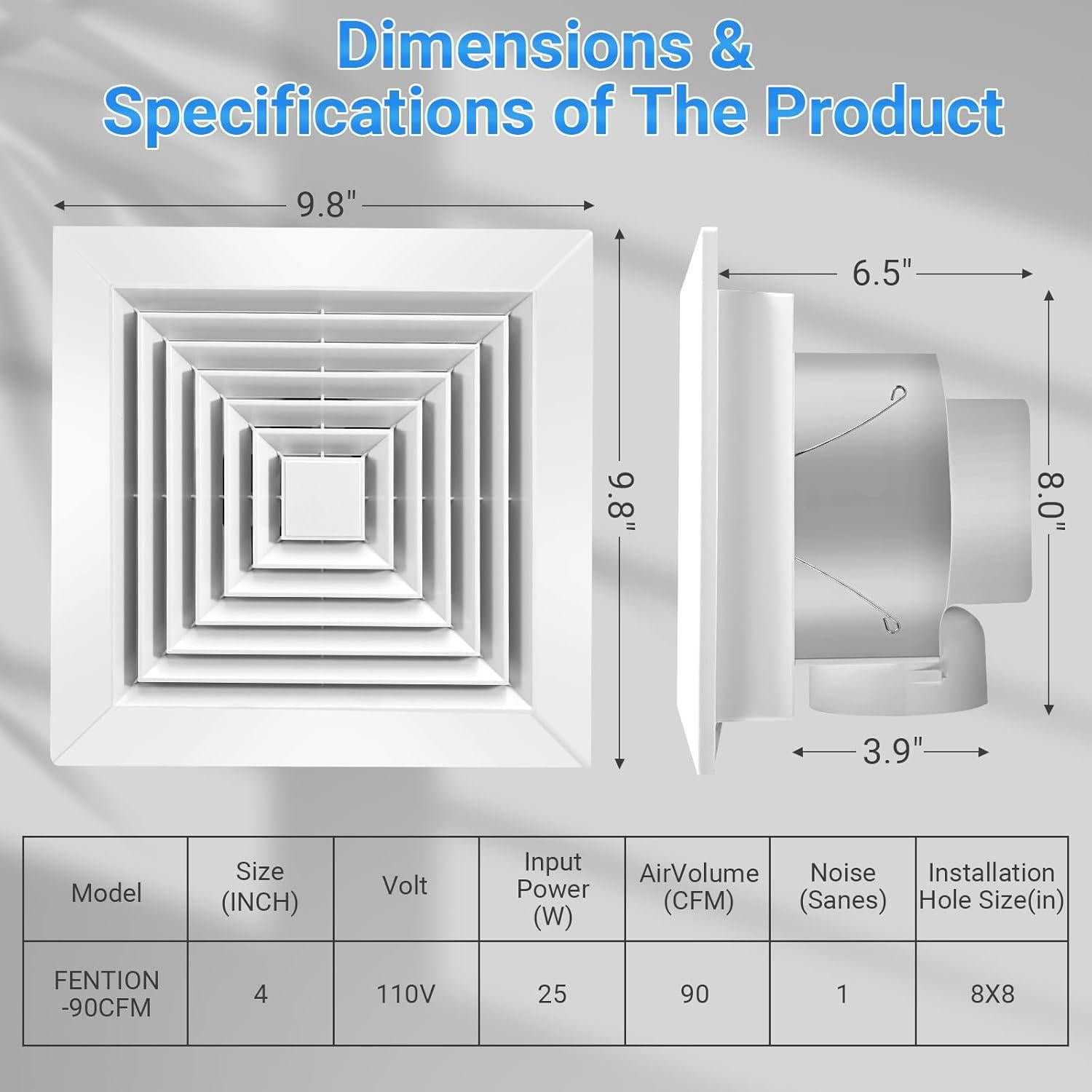 Ventilador de Baño FEITON 90 CFM 25W Silencioso 1 Sones