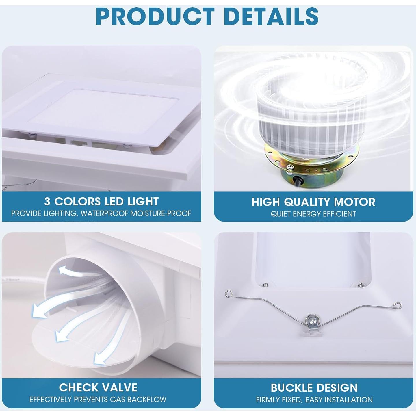 Ventilador Extractor de Baño Tesansi 100 CFM con Luz LED 3CCT