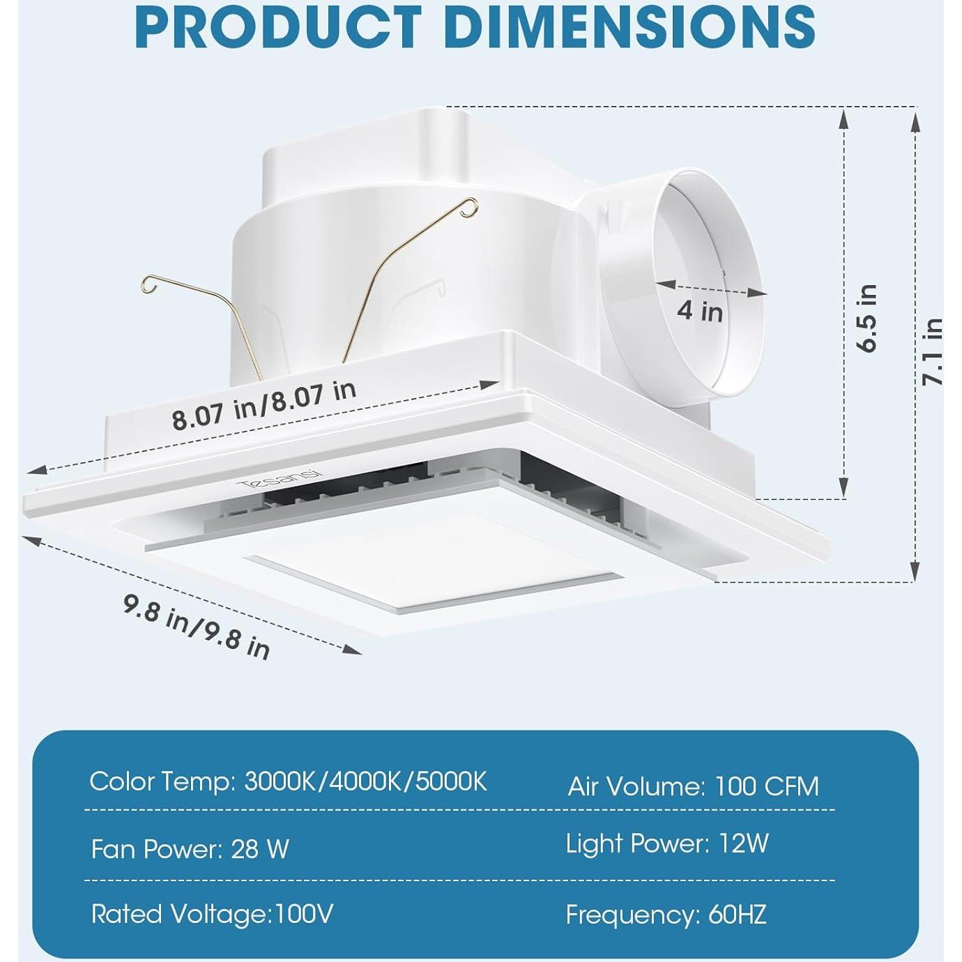 Ventilador Extractor de Baño Tesansi 100 CFM con Luz LED 3CCT