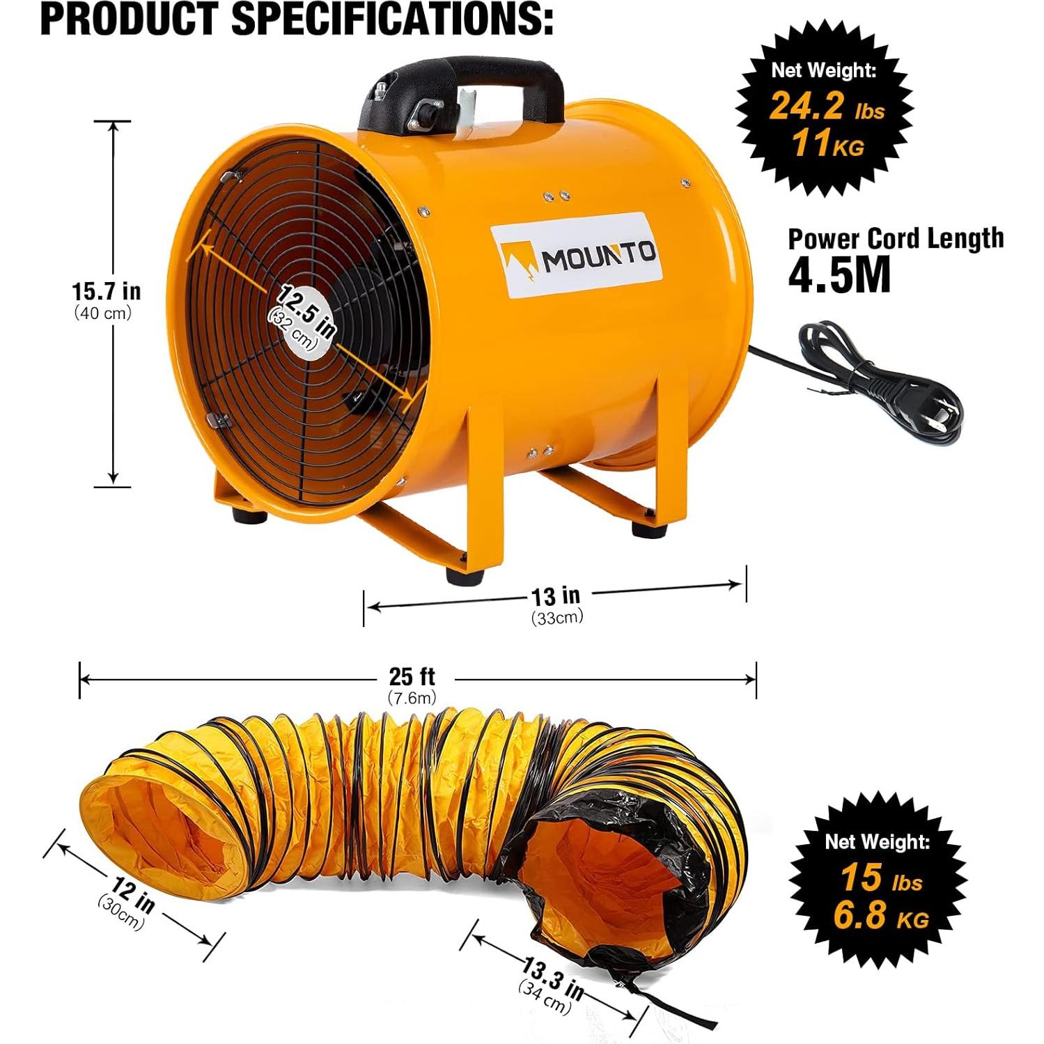 Ventilador Axial MOUNTO 12" con Manguera 7.62m 2900 CFM