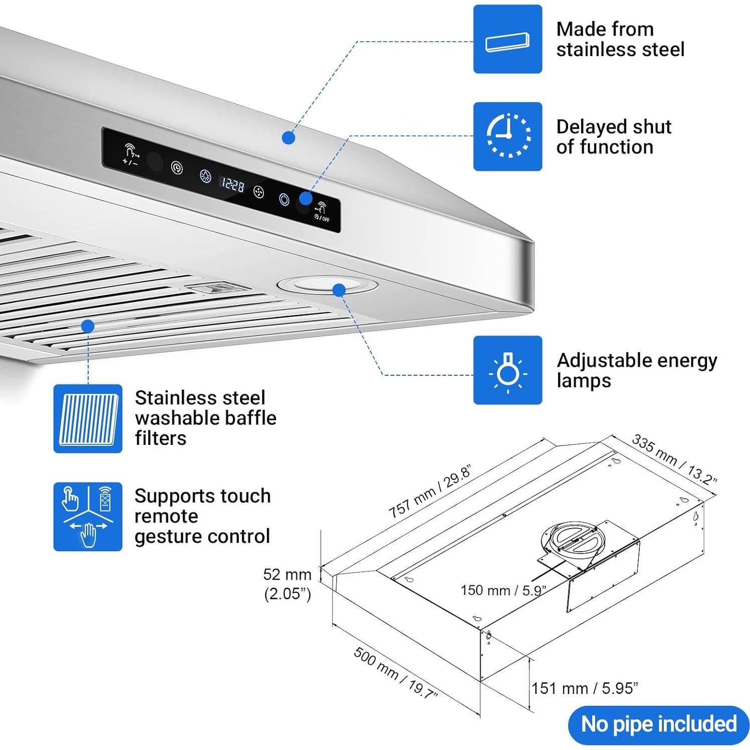 Campana Extractora AMZCHEF 75cm Acero Inoxidable 750CFM 3 Velocidades