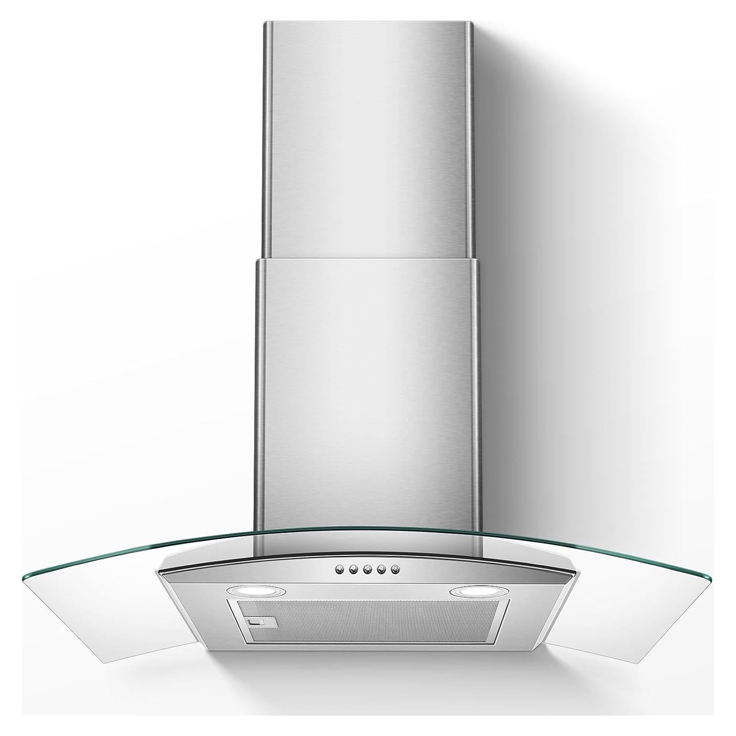 Range Hood 30 Inch, Tieasy Wall Mount Kitchen Hood with Ducted/Ductless Convertible Duct, Stainless Steel Chimney and Aluminum Filters, LED Lights, 3 Speed Fan, Push Button