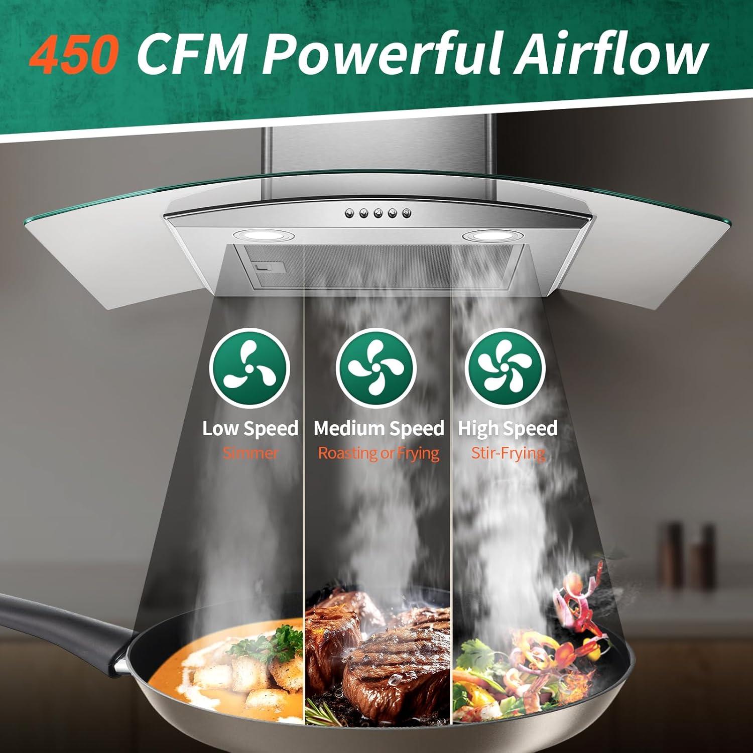 Range Hood 30 Inch, Tieasy Wall Mount Kitchen Hood with Ducted/Ductless Convertible Duct, Stainless Steel Chimney and Aluminum Filters, LED Lights, 3 Speed Fan, Push Button