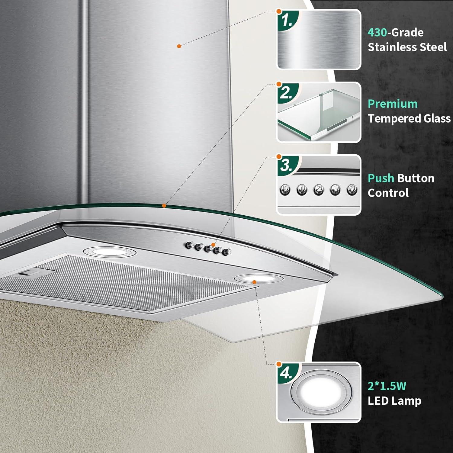 Range Hood 30 Inch, Tieasy Wall Mount Kitchen Hood with Ducted/Ductless Convertible Duct, Stainless Steel Chimney and Aluminum Filters, LED Lights, 3 Speed Fan, Push Button