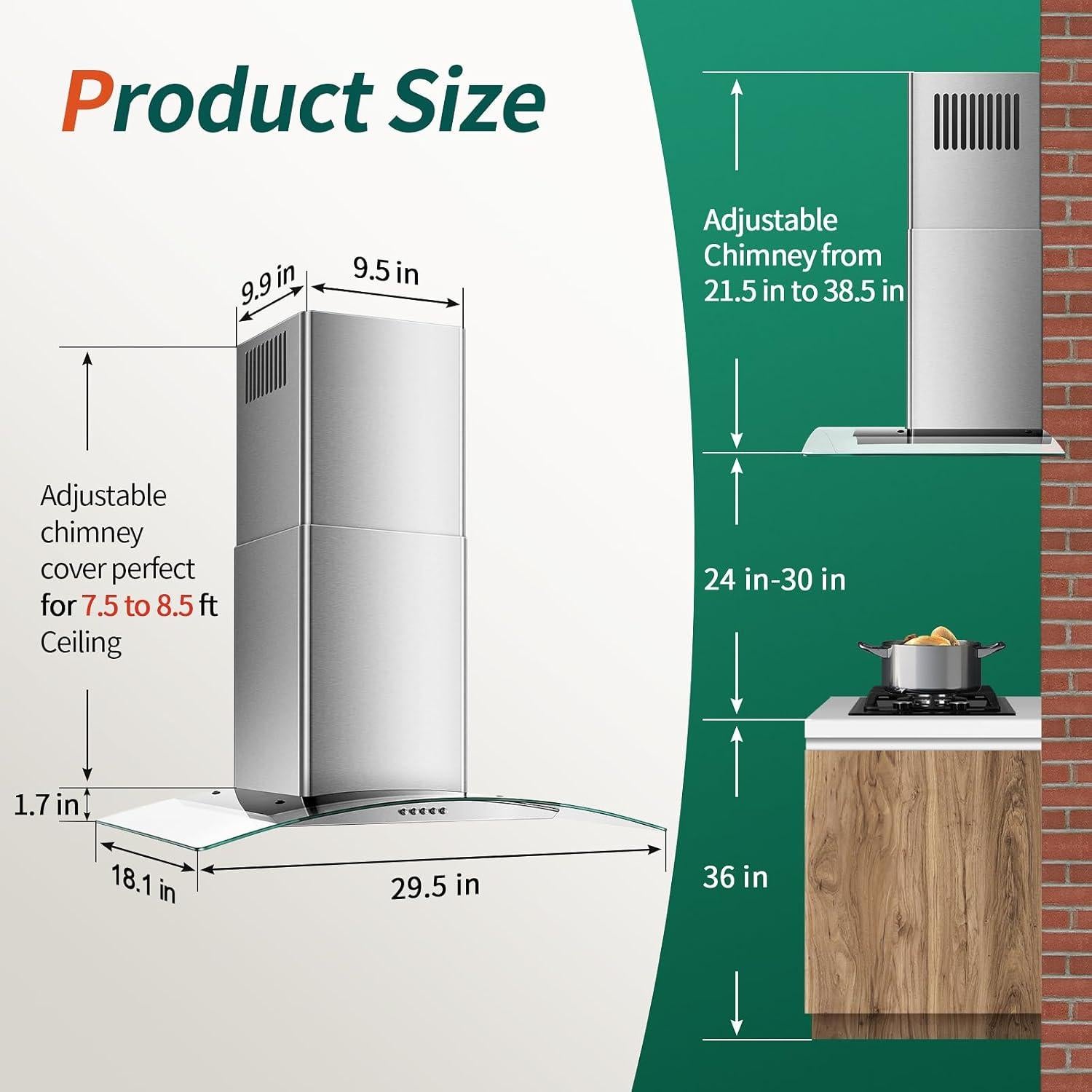 Range Hood 30 Inch, Tieasy Wall Mount Kitchen Hood with Ducted/Ductless Convertible Duct, Stainless Steel Chimney and Aluminum Filters, LED Lights, 3 Speed Fan, Push Button