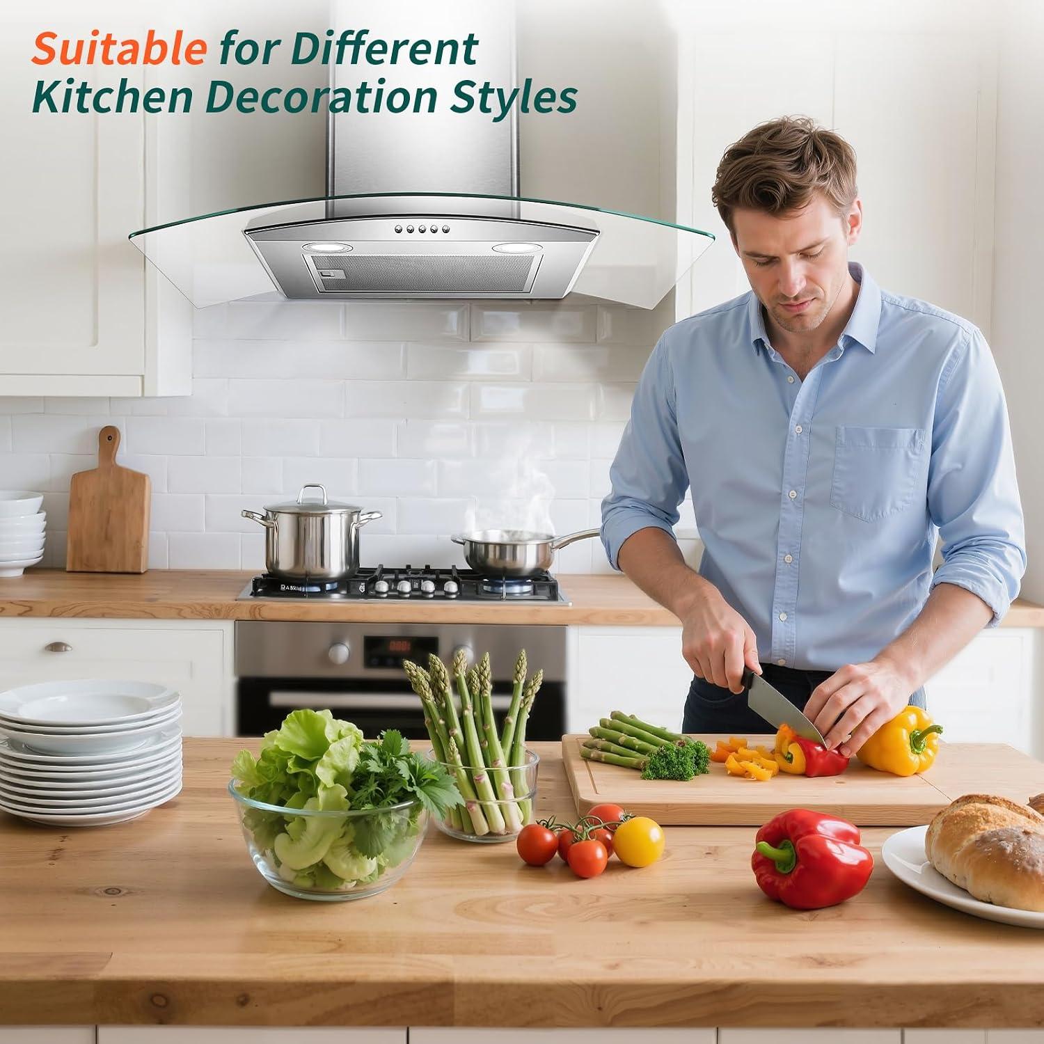 Range Hood 30 Inch, Tieasy Wall Mount Kitchen Hood with Ducted/Ductless Convertible Duct, Stainless Steel Chimney and Aluminum Filters, LED Lights, 3 Speed Fan, Push Button