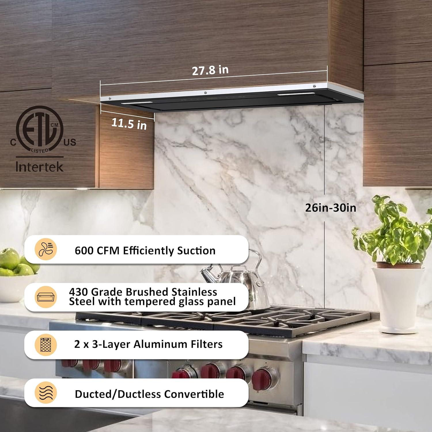 Campana Extractora FIREGAS 76 cm 600 CFM Ductada/Sin Ducto