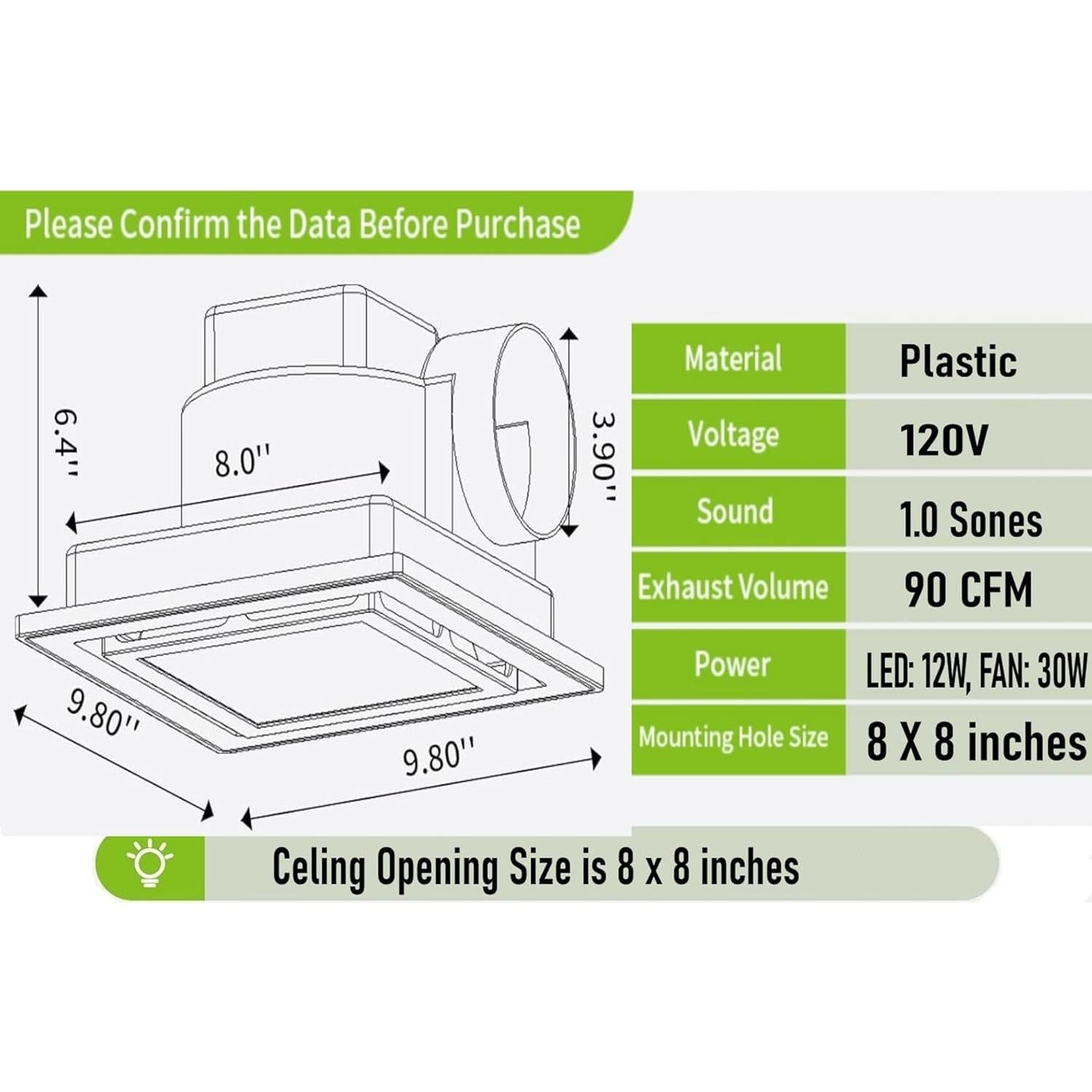 Ventilador Extractor de Baño MEOZRI 20.32 cm Luz LED 42W