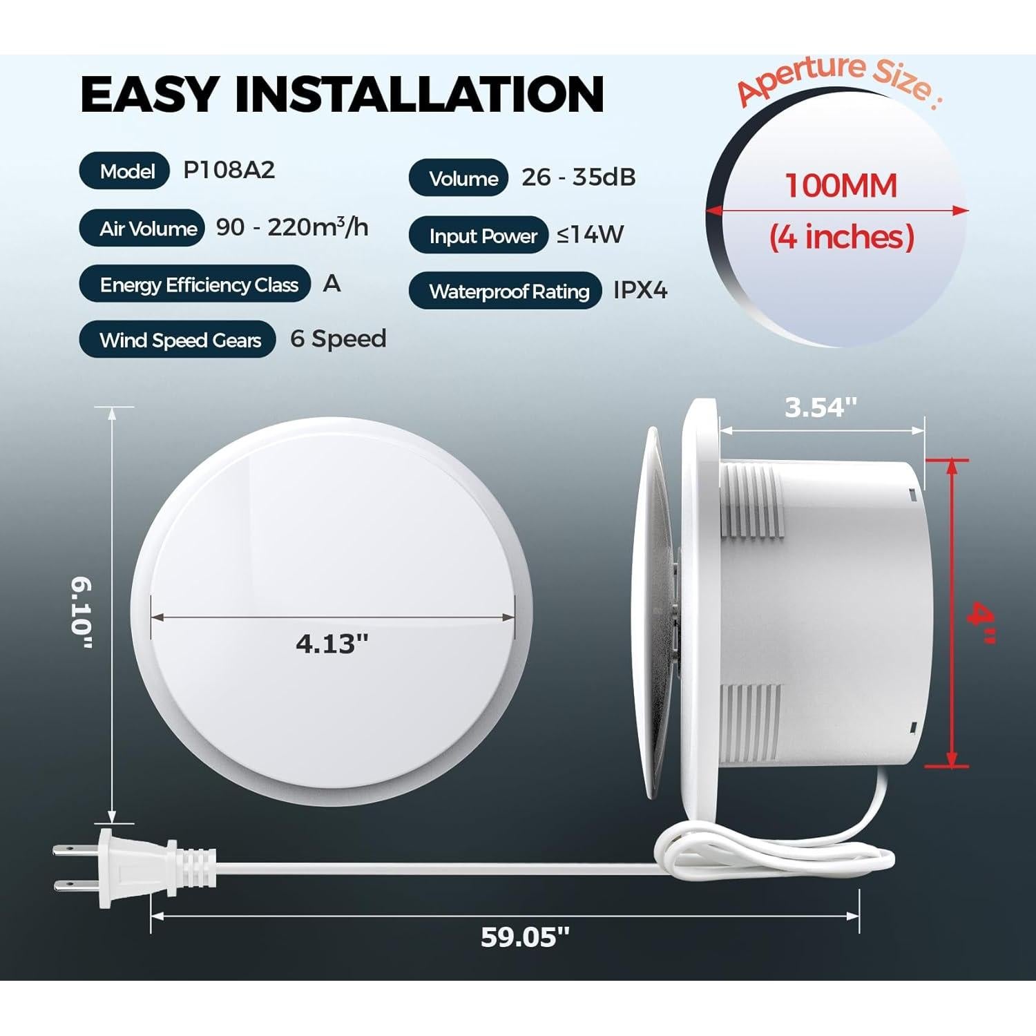 Ventilador Extractor de Baño RUBBUL P108A2 con Luz LED 3000 RPM