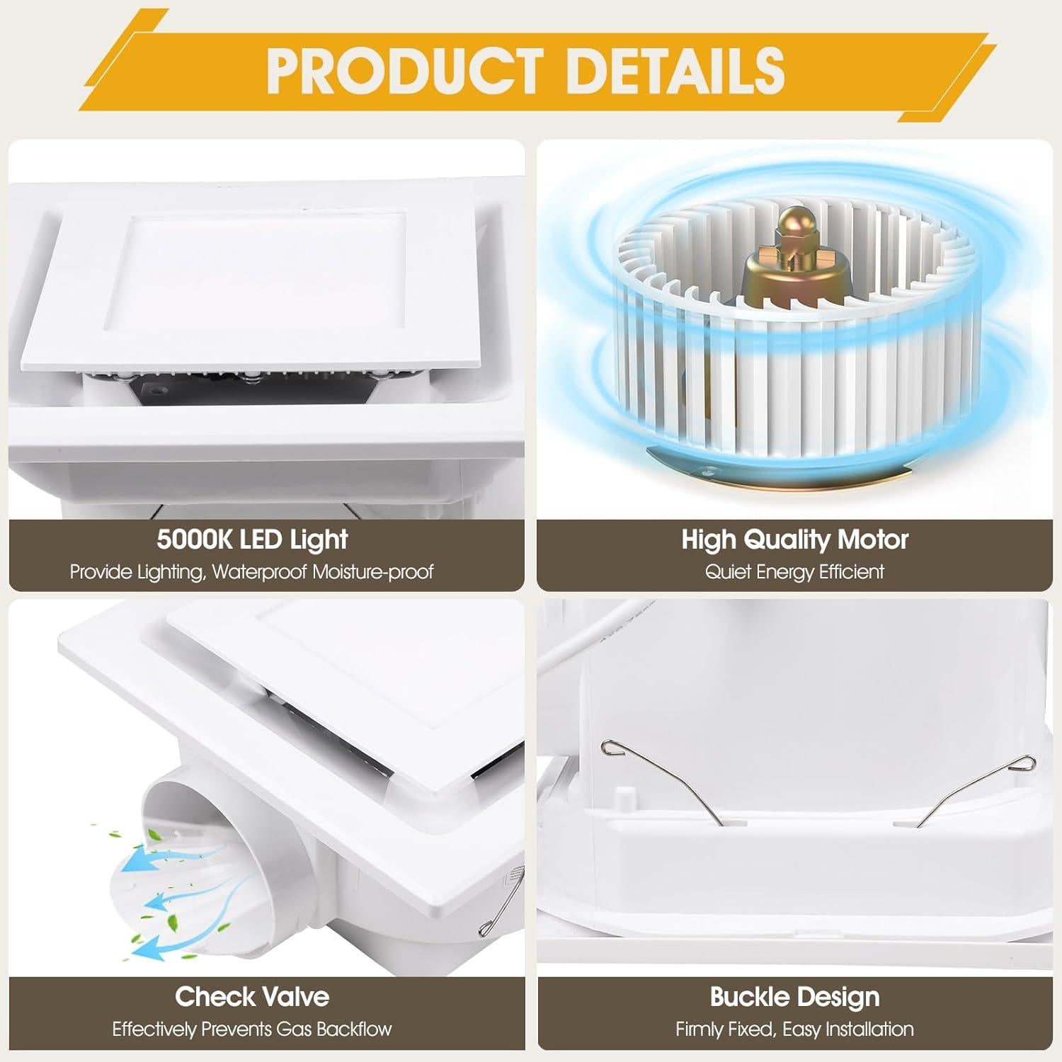 Ventilador Extractor de Baño FASDUNT con Luz LED 120 CFM