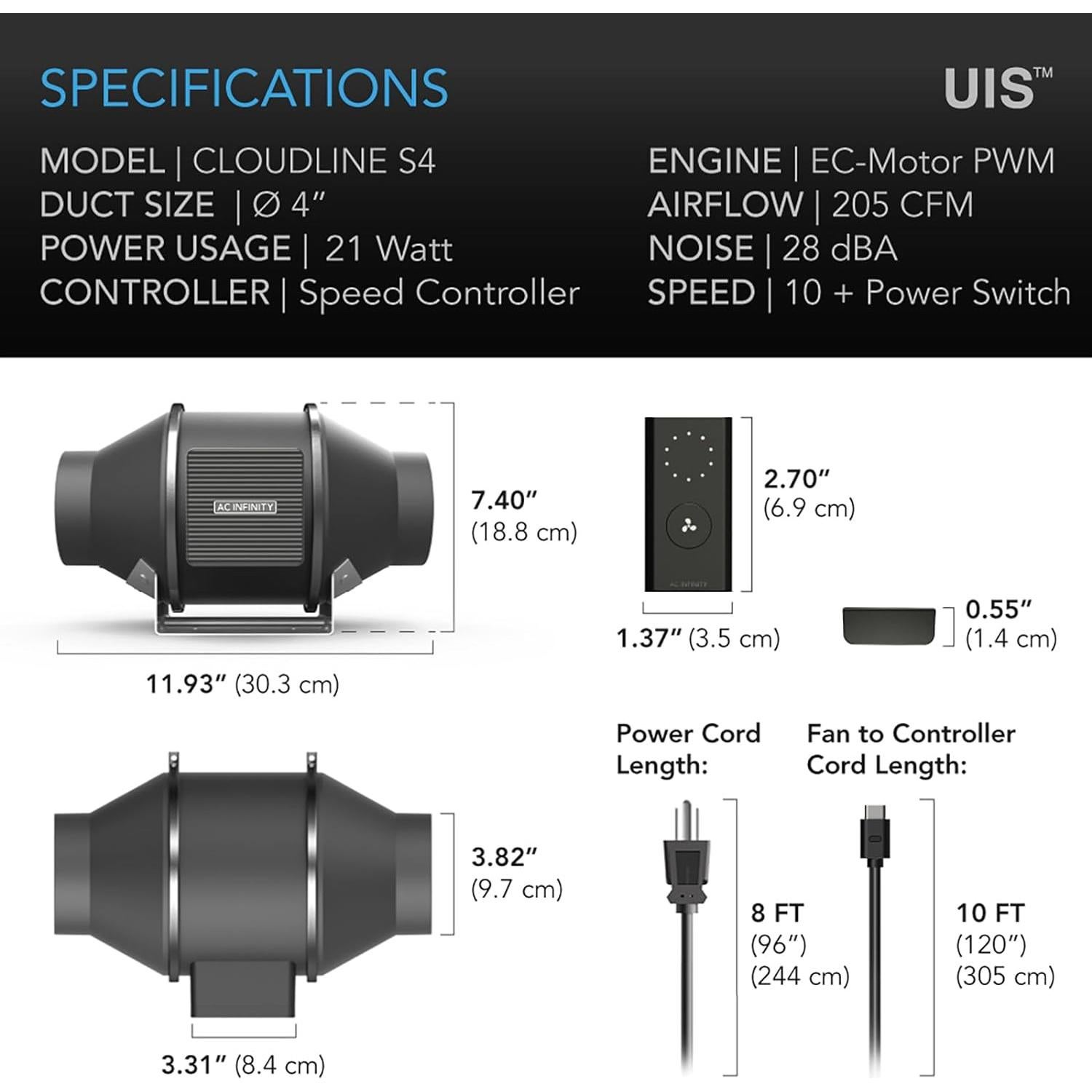 Ventilador de Conducto AC Infinity CLOUDLINE S4 4" Silencioso