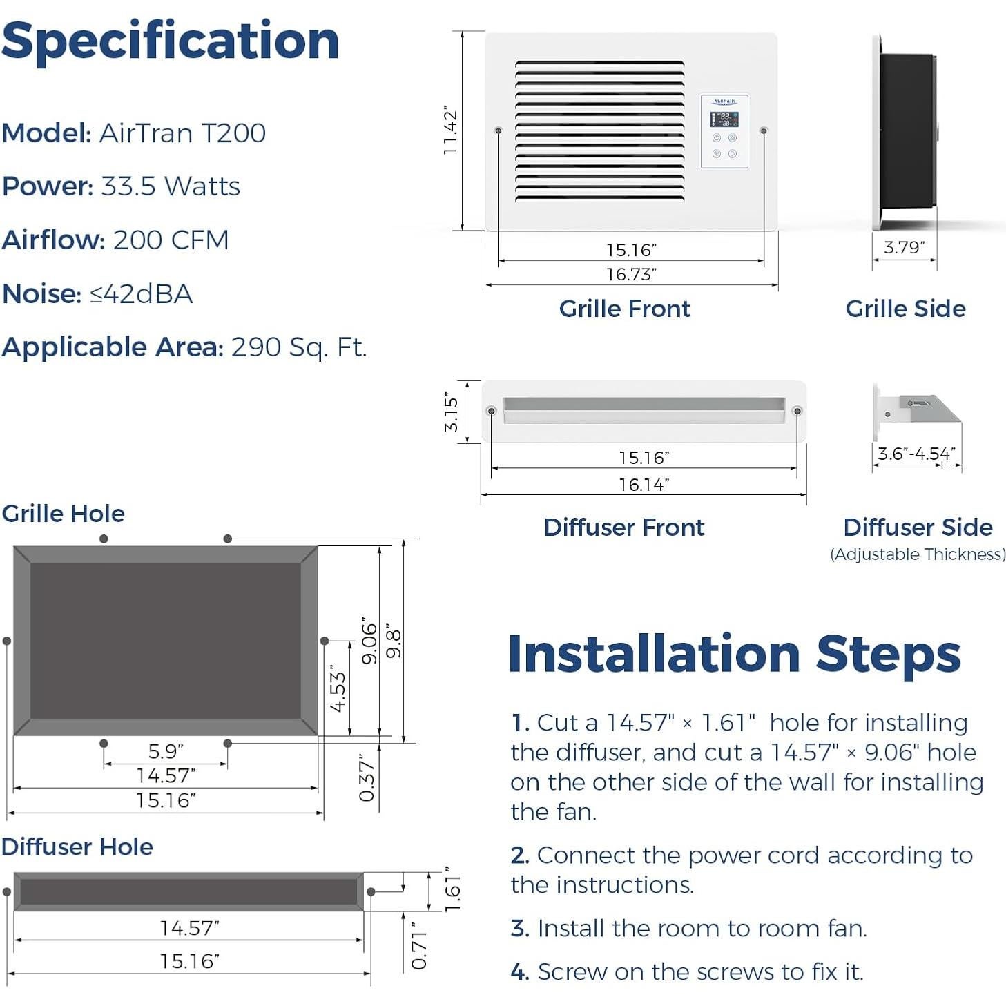 Ventilador de Escape de Pared ALORAIR AirTran T200 200 CFM