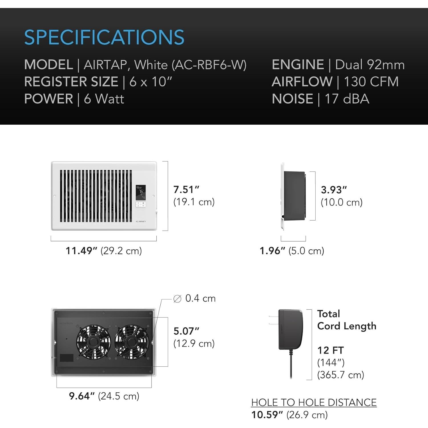 Ventilador Aumentador AC Infinity AIRTAP T6 Blanco 15.24x25.4cm