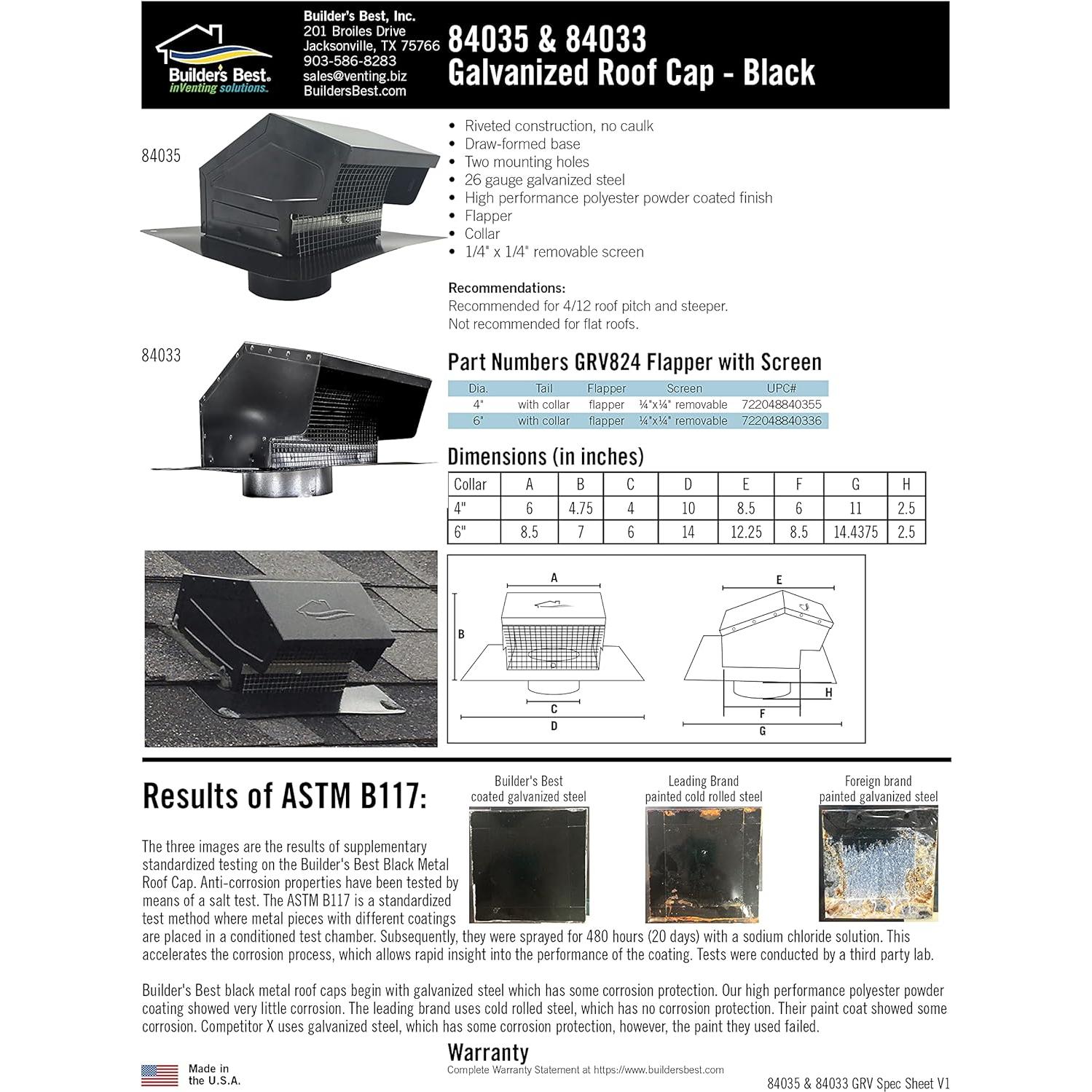 Tapa de Ventilación de Techo Builder's Best 84033 15.24 cm Negro