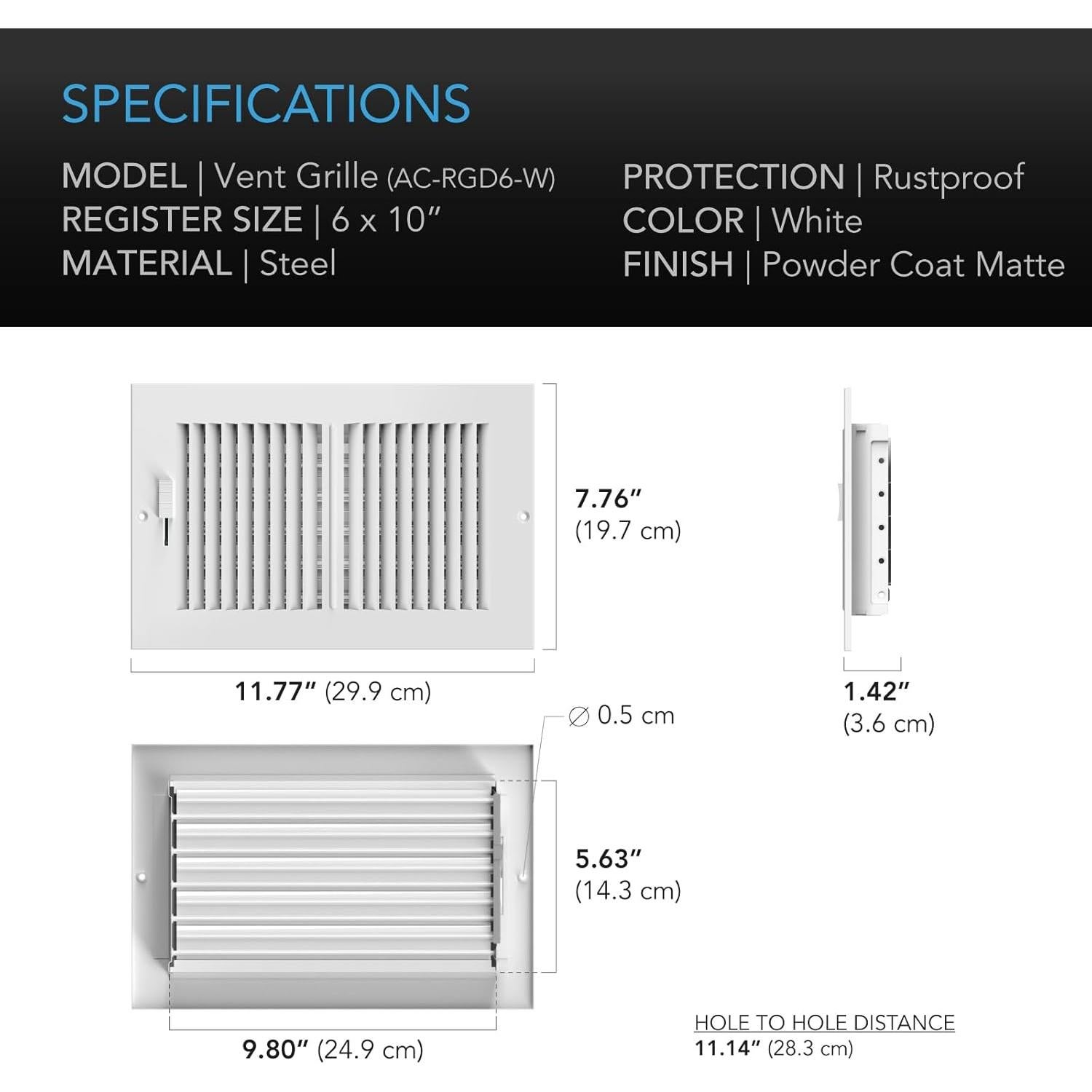 Rejilla de Ventilación AC Infinity 15 x 25 cm, Reemplazo HVAC Blanco
